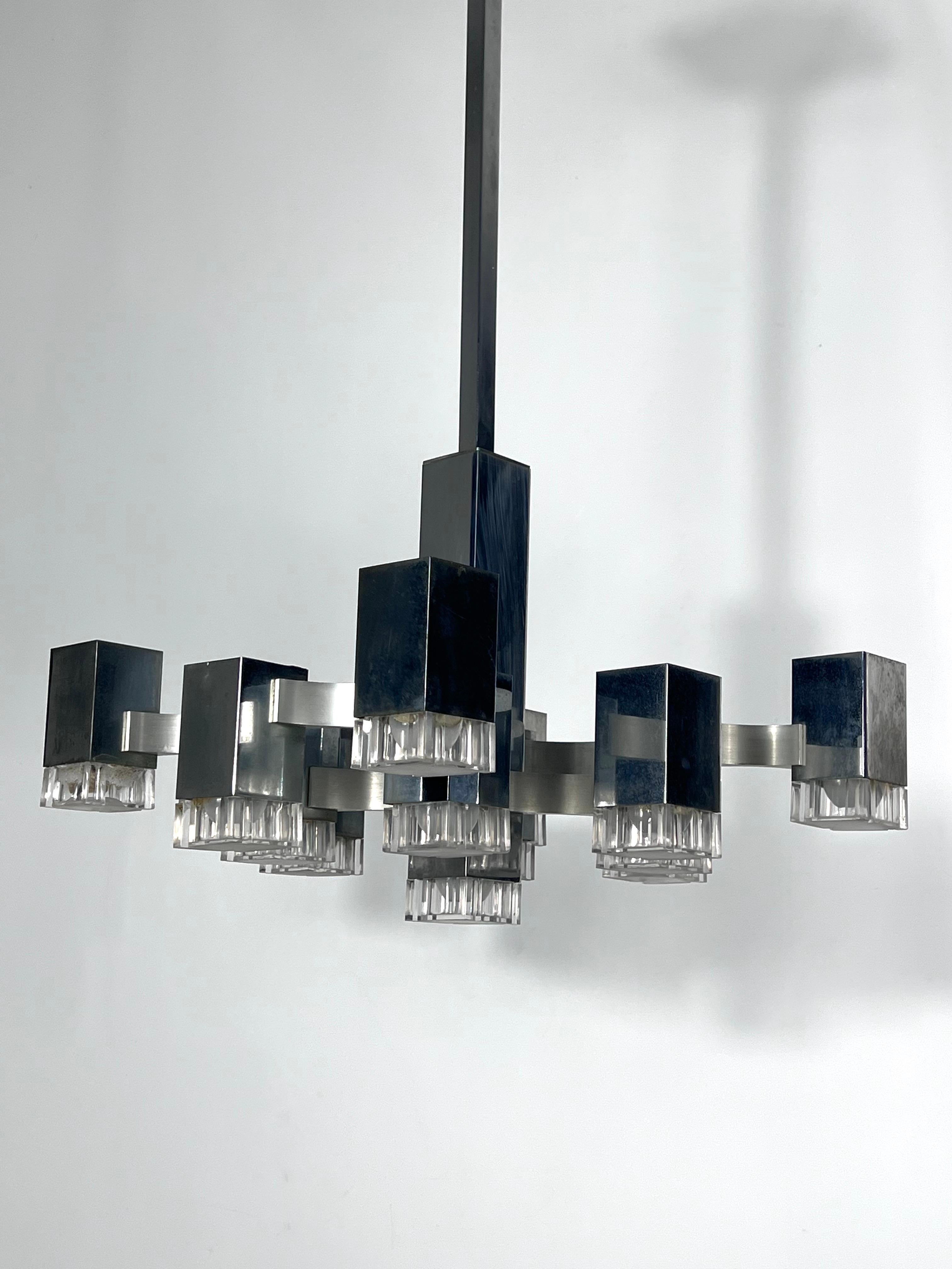 Sciolari 13 Lights Chrome Chandelier Model Cubic from 70s 7