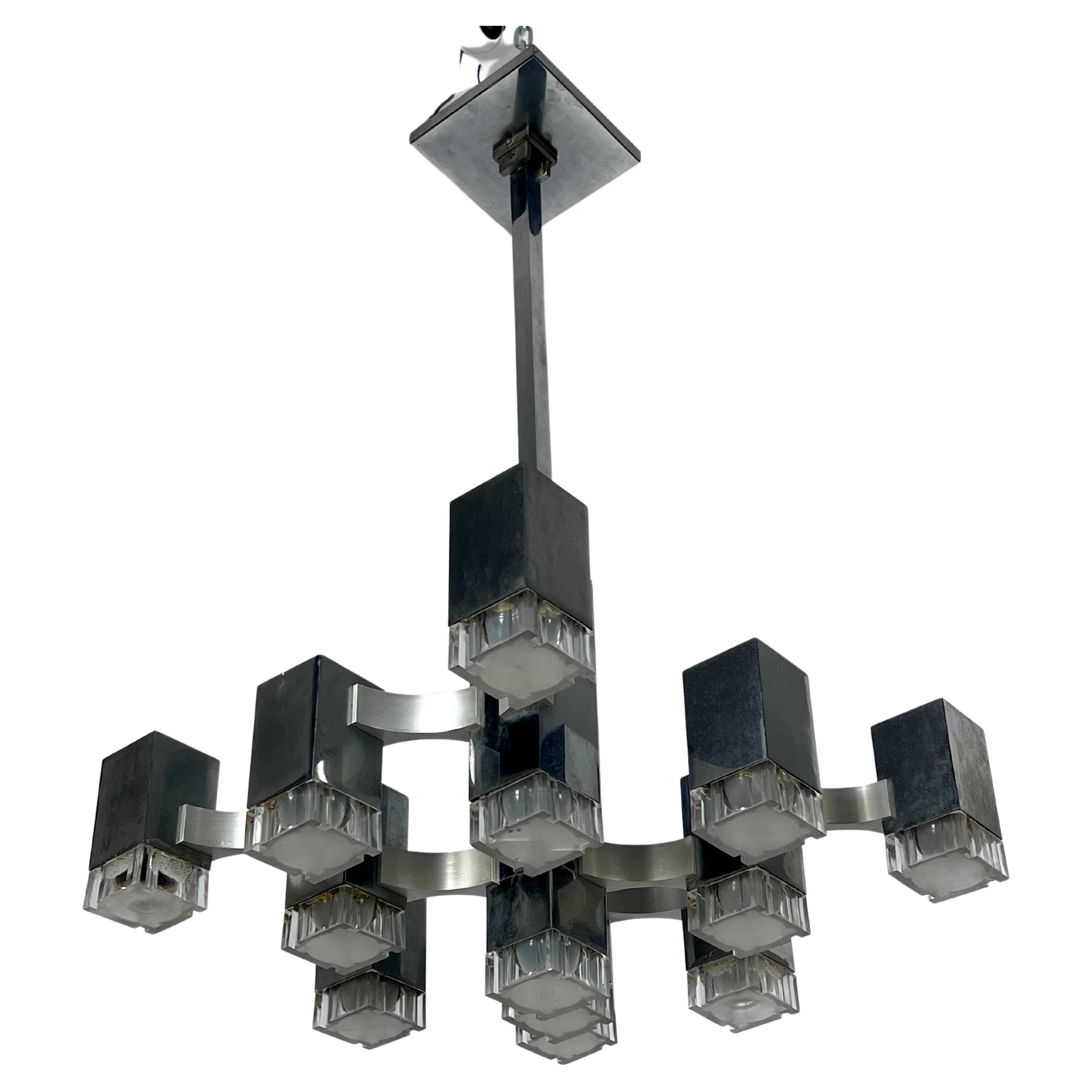 Sciolari 13 Lights Chrome Chandelier Model Cubic from 70s