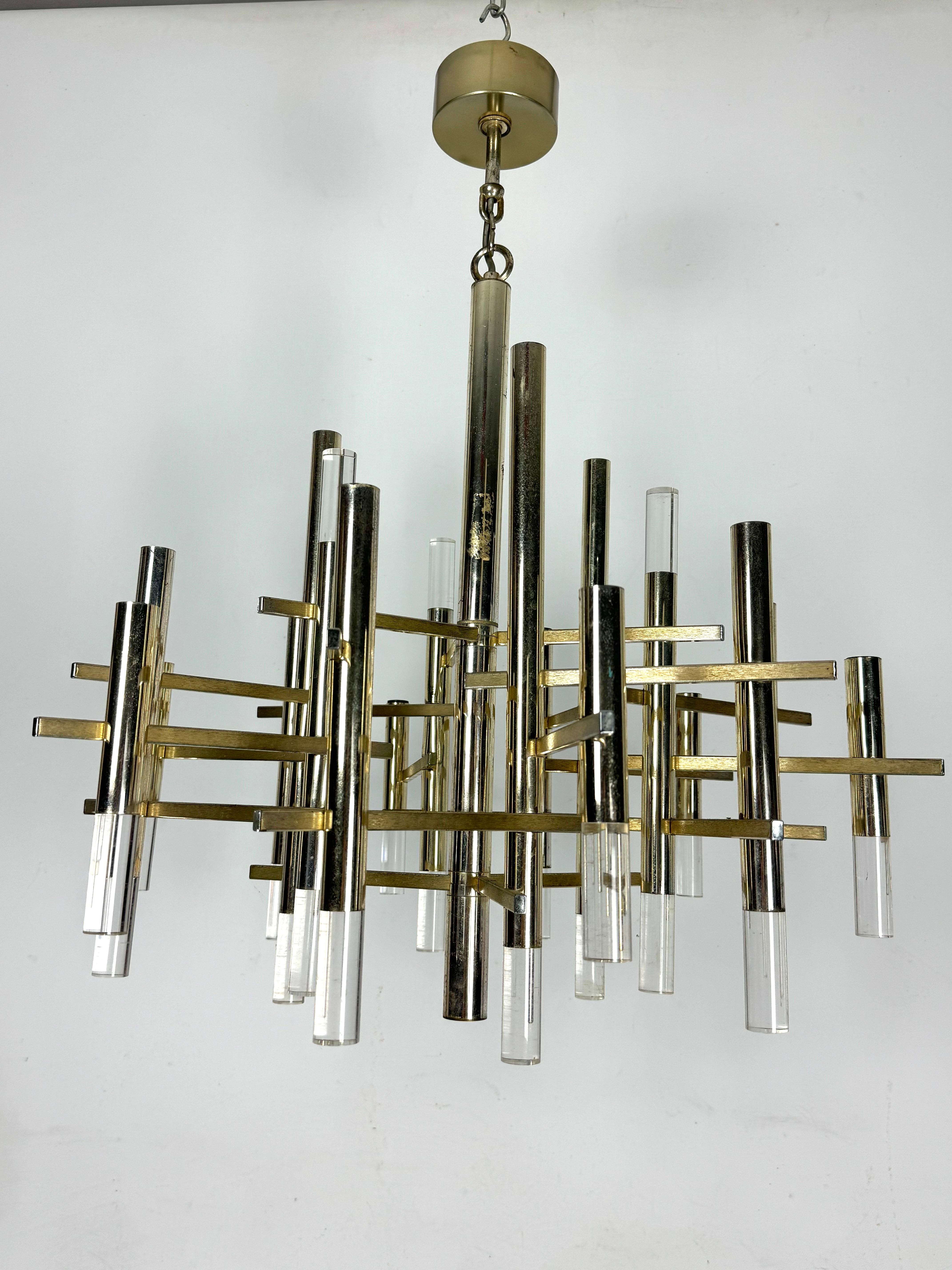 Sciolari Lustre à 15 lumières en chrome et plexiglas légèrement doré modèle Ice, Italie en vente 4