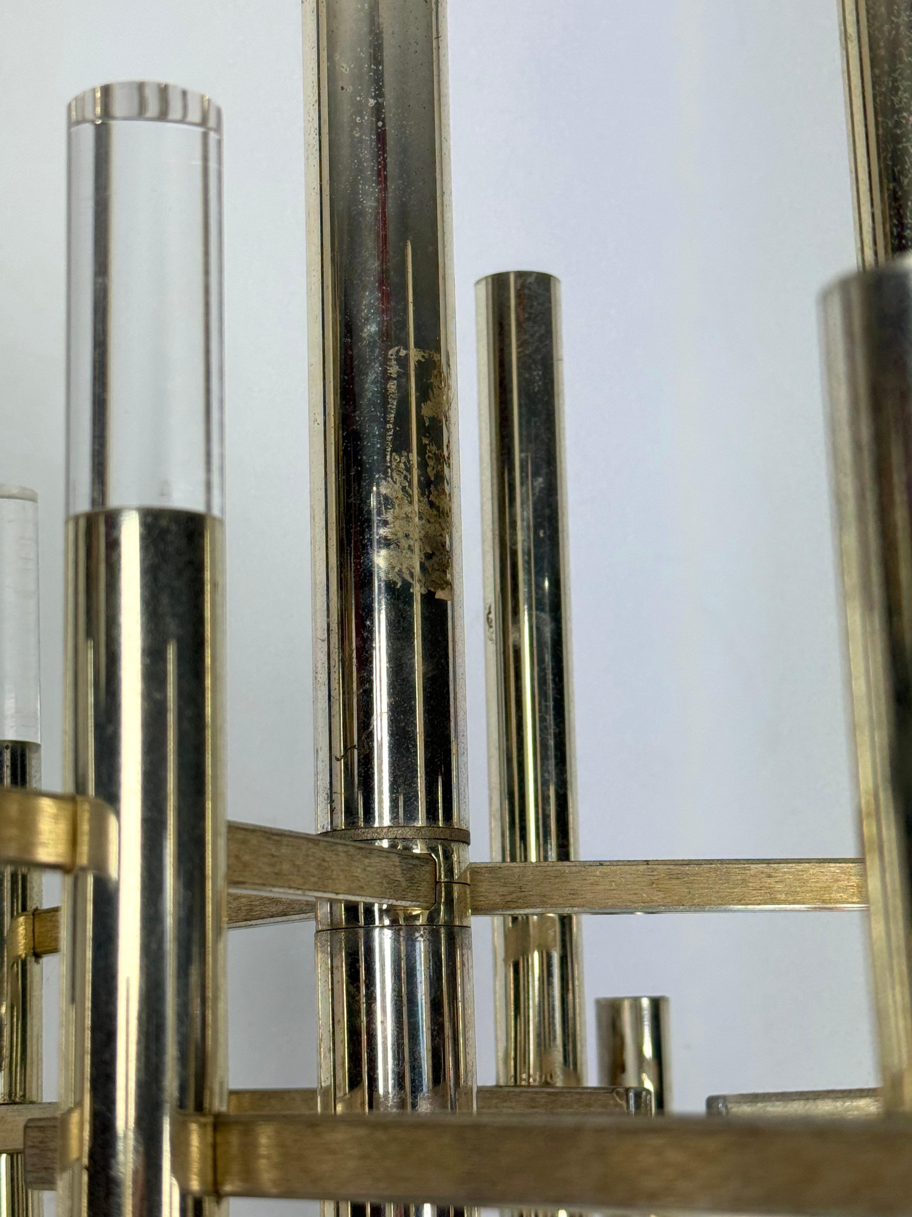 Métal Sciolari Lustre à 15 lumières en chrome et plexiglas légèrement doré modèle Ice, Italie en vente