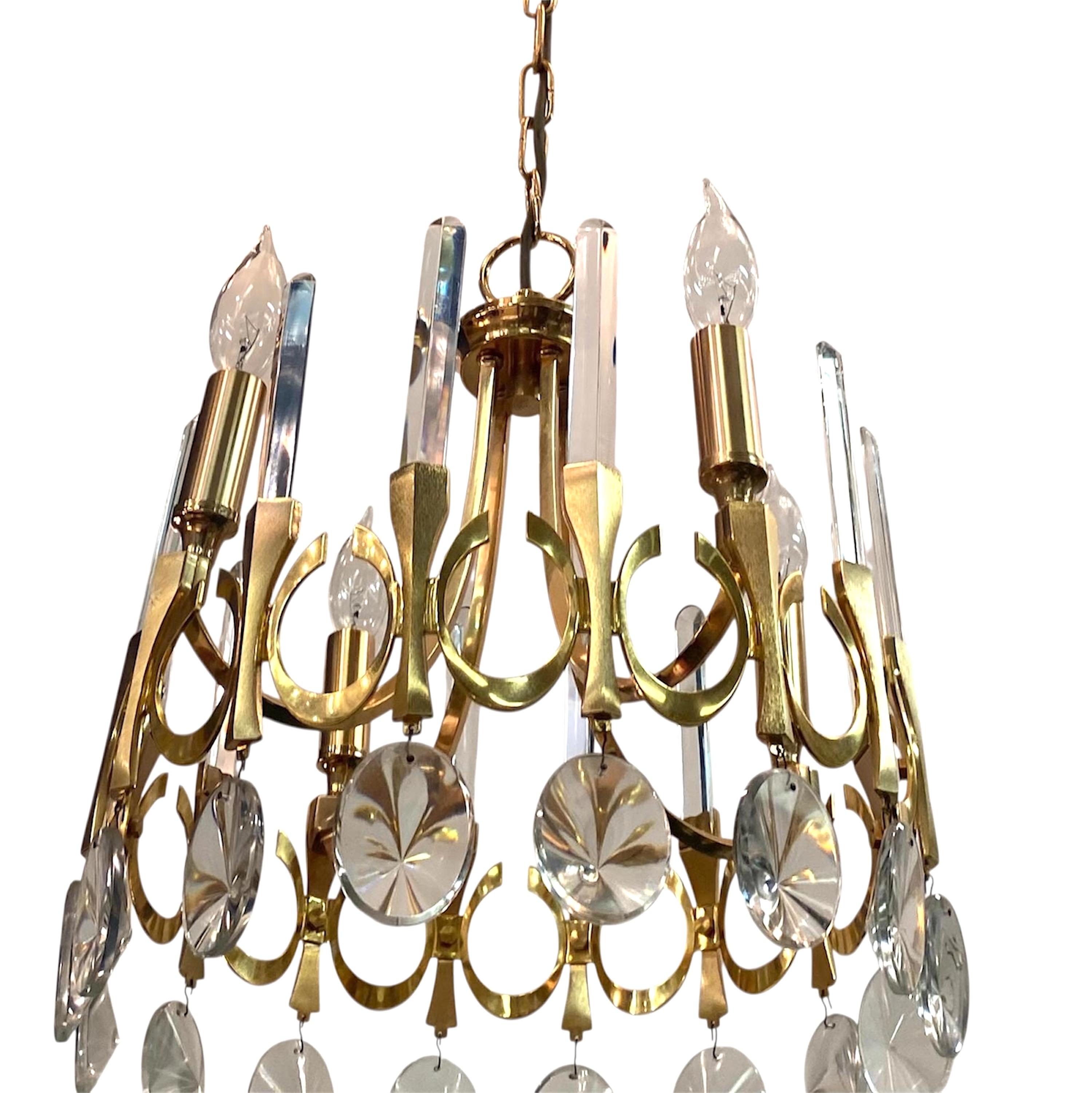 Lampadario Sciolari 1960 in cristallo e placca d'oro in vendita 3