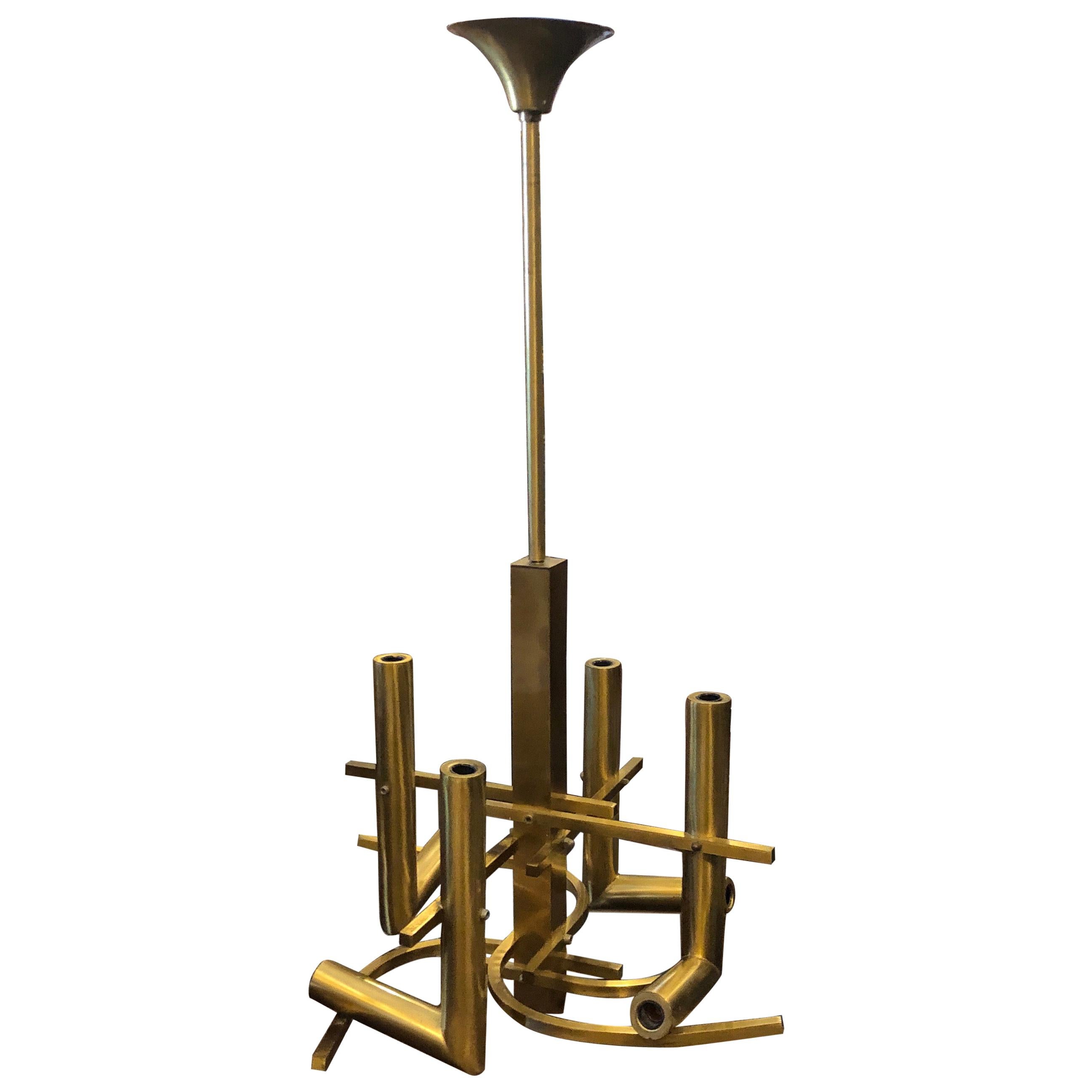 Sciolari Attributed Mid-Century Modern Solid Brass Italian Chandelier circa 1960