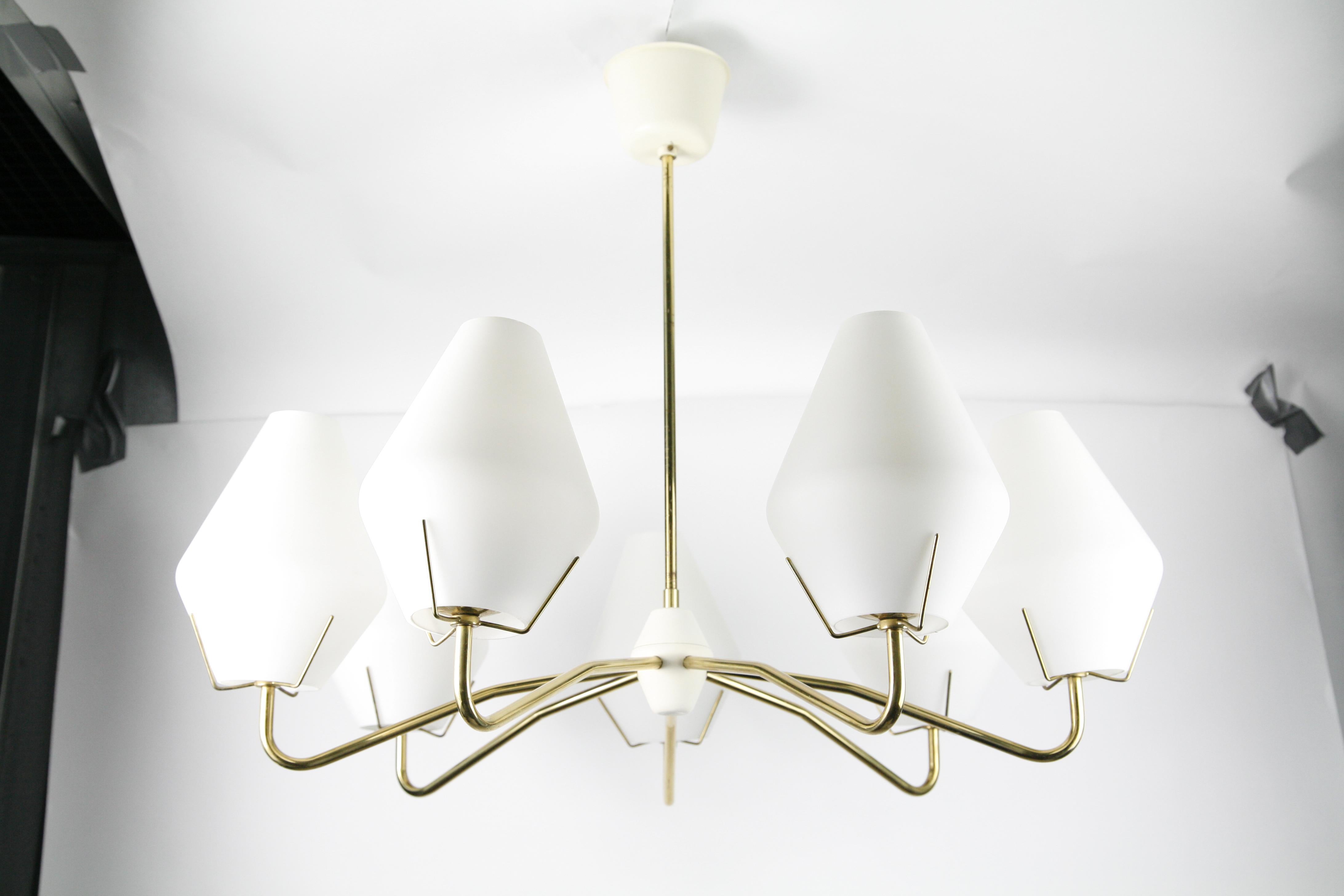 1960s brass plated frame with 7 large individual opaline glass shades that measure 7.8