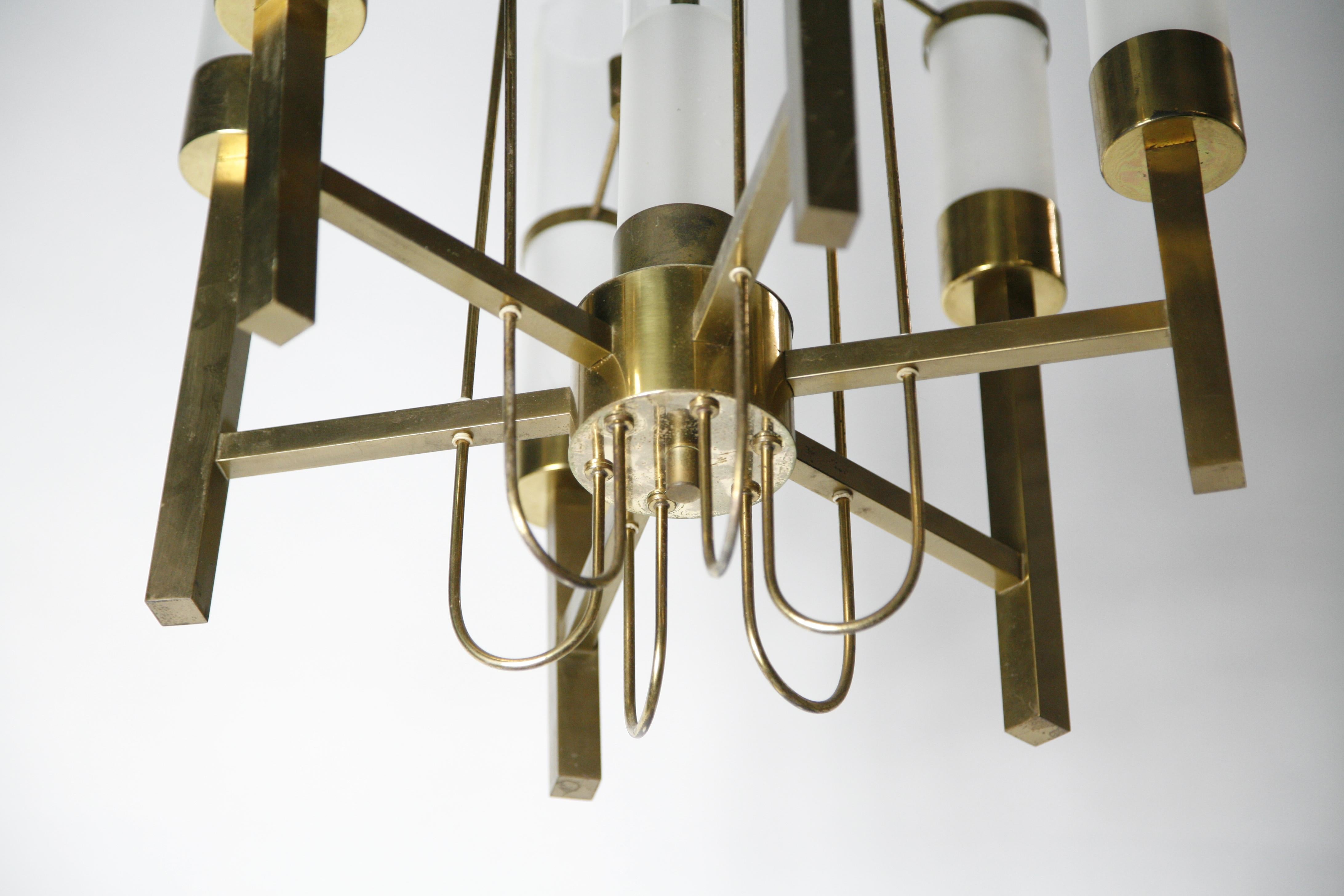 Sciolari Chandelier Brass with Long Frosted/Clear Glass, Stilnovo, Italy, 1960 For Sale 4