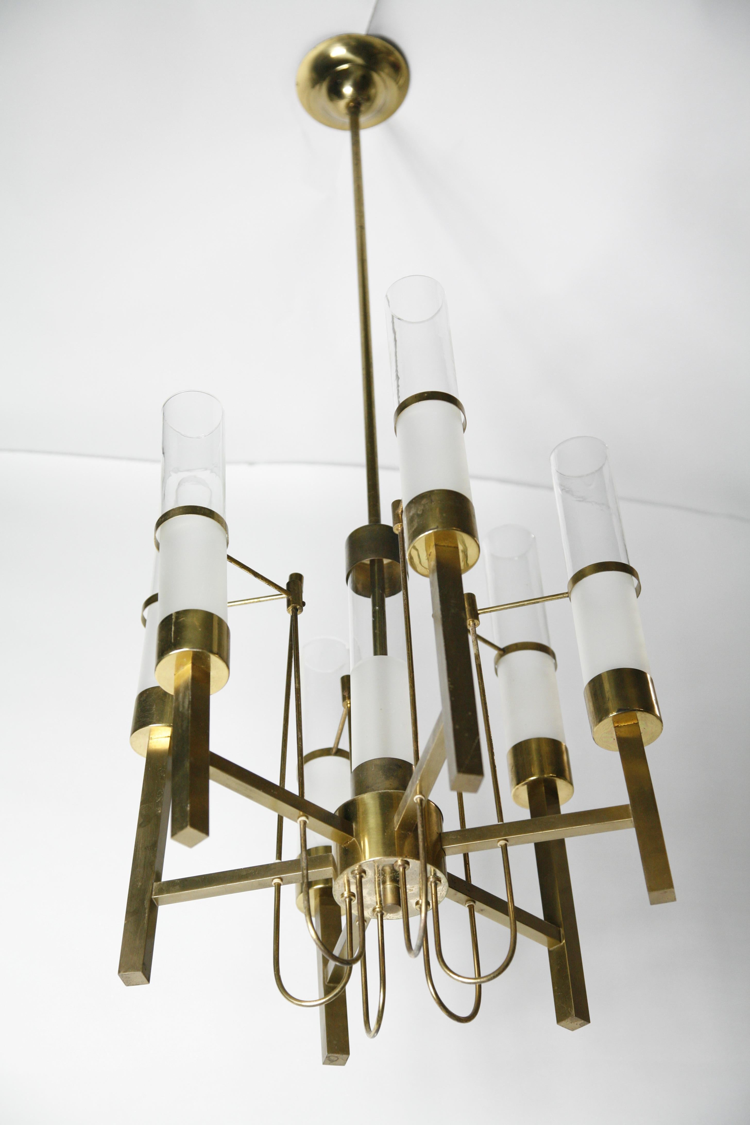 Sciolari Chandelier Brass with Long Frosted/Clear Glass, Stilnovo, Italy, 1960 For Sale 5