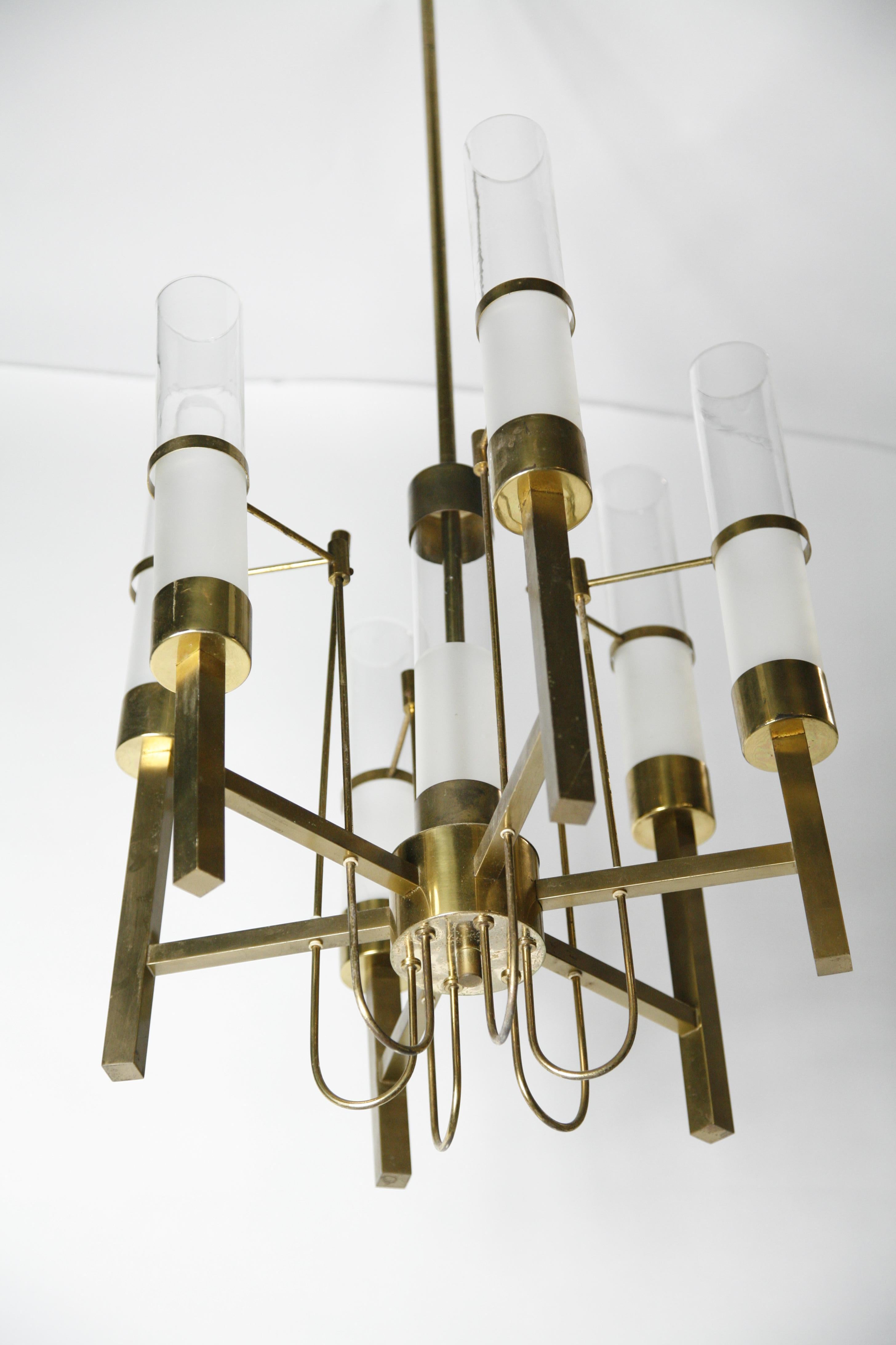 Sciolari Chandelier Brass with Long Frosted/Clear Glass, Stilnovo, Italy, 1960 For Sale 6