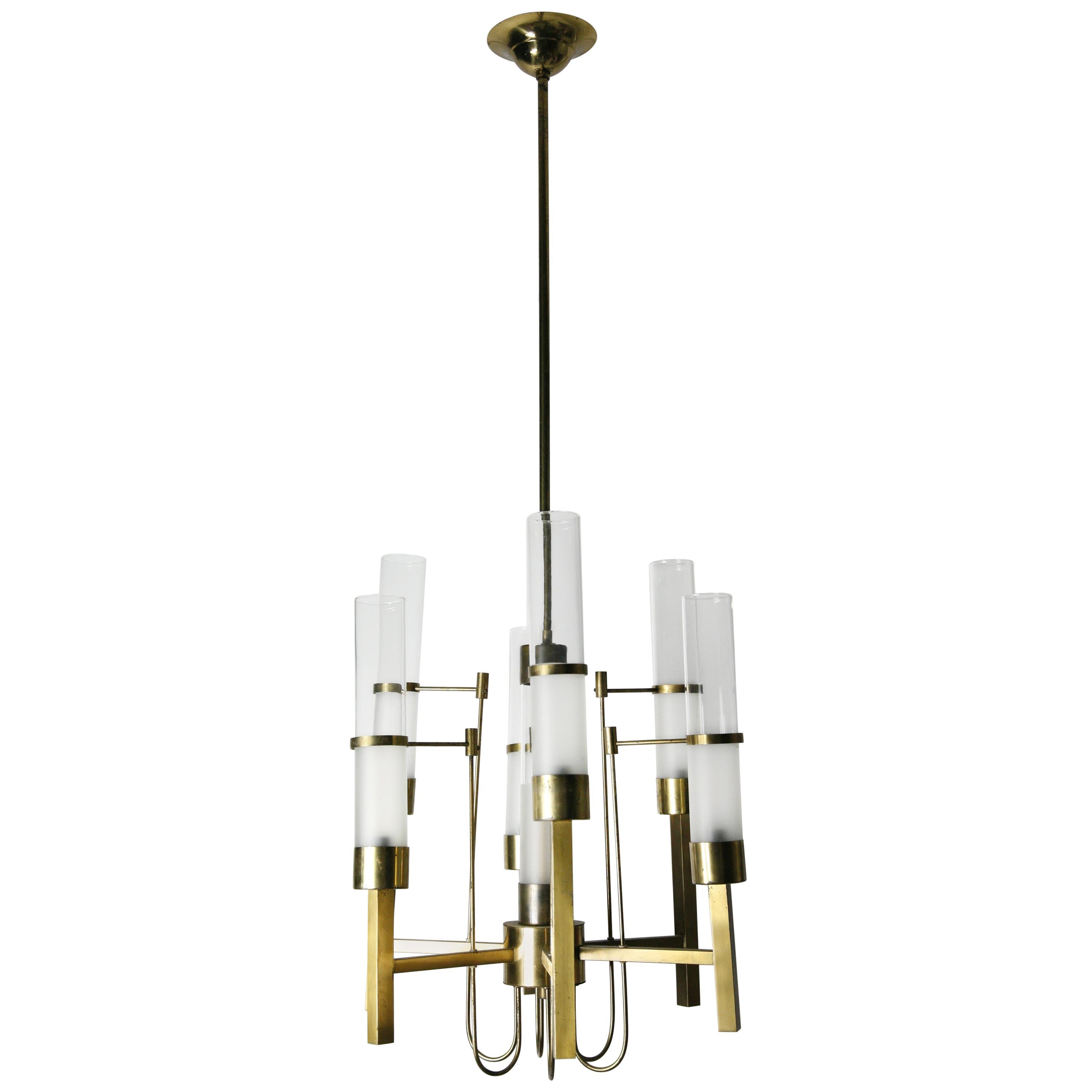 Sciolari chandelier brass frame with long frosted/clear glass, 1960 with 6 long 12