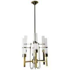 Sciolari Chandelier Brass with Long Frosted/Clear Glass, Stilnovo, Italy, 1960