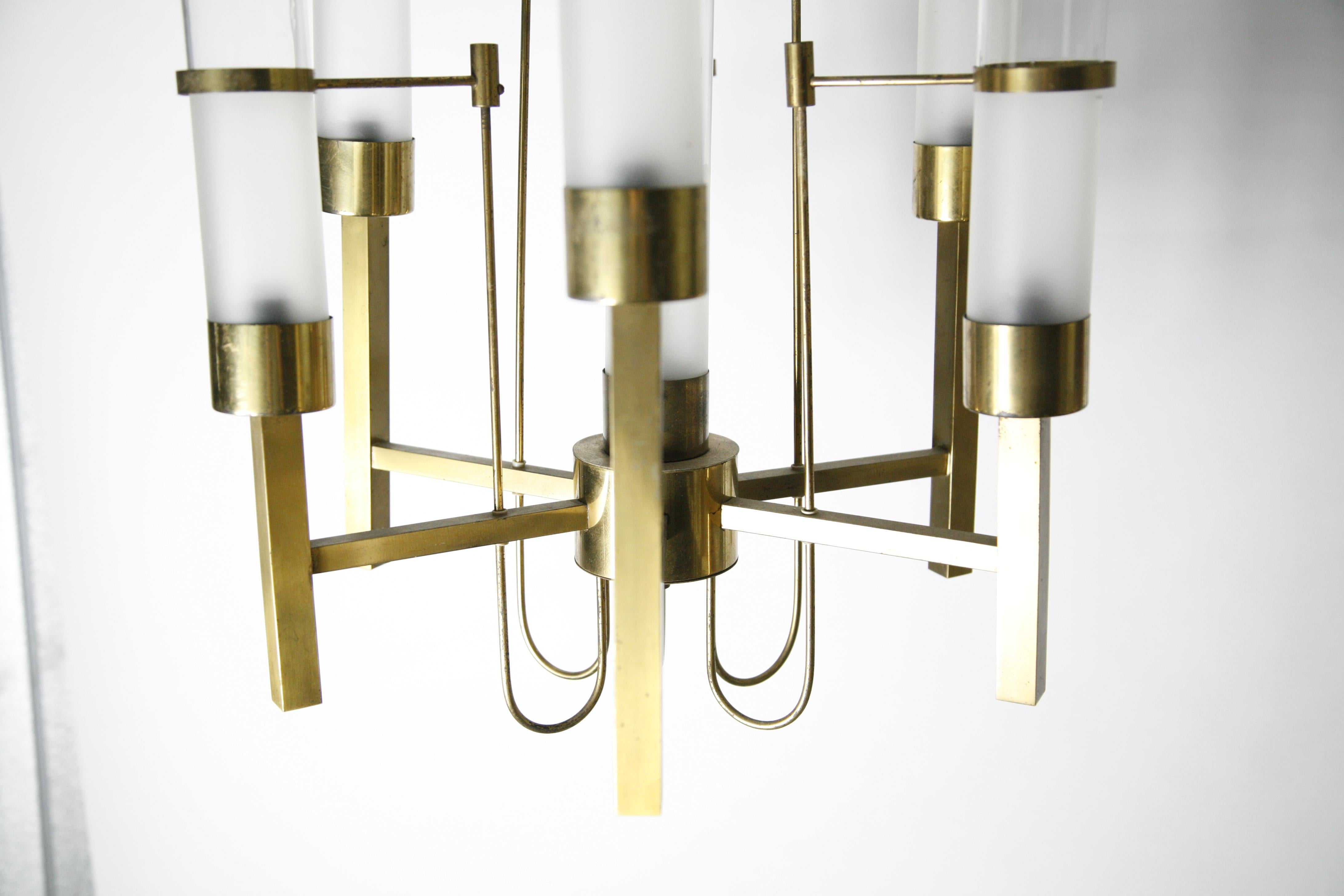 Sciolari Chandelier Brass with Long Frosted/Clear Glass, Stilnovo, Italy, 1960 For Sale 1