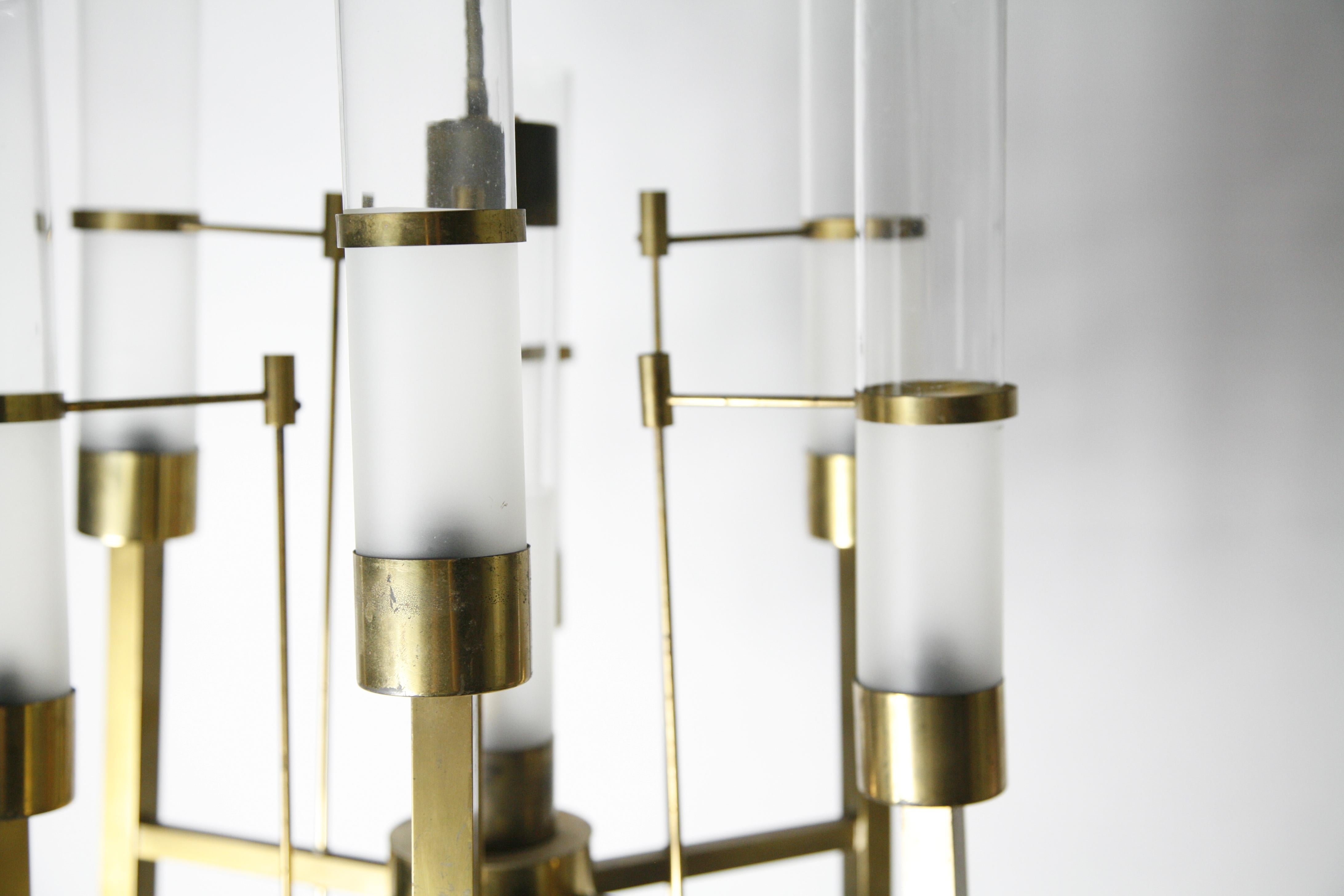 Sciolari Chandelier Brass with Long Frosted/Clear Glass, Stilnovo, Italy, 1960 For Sale 2