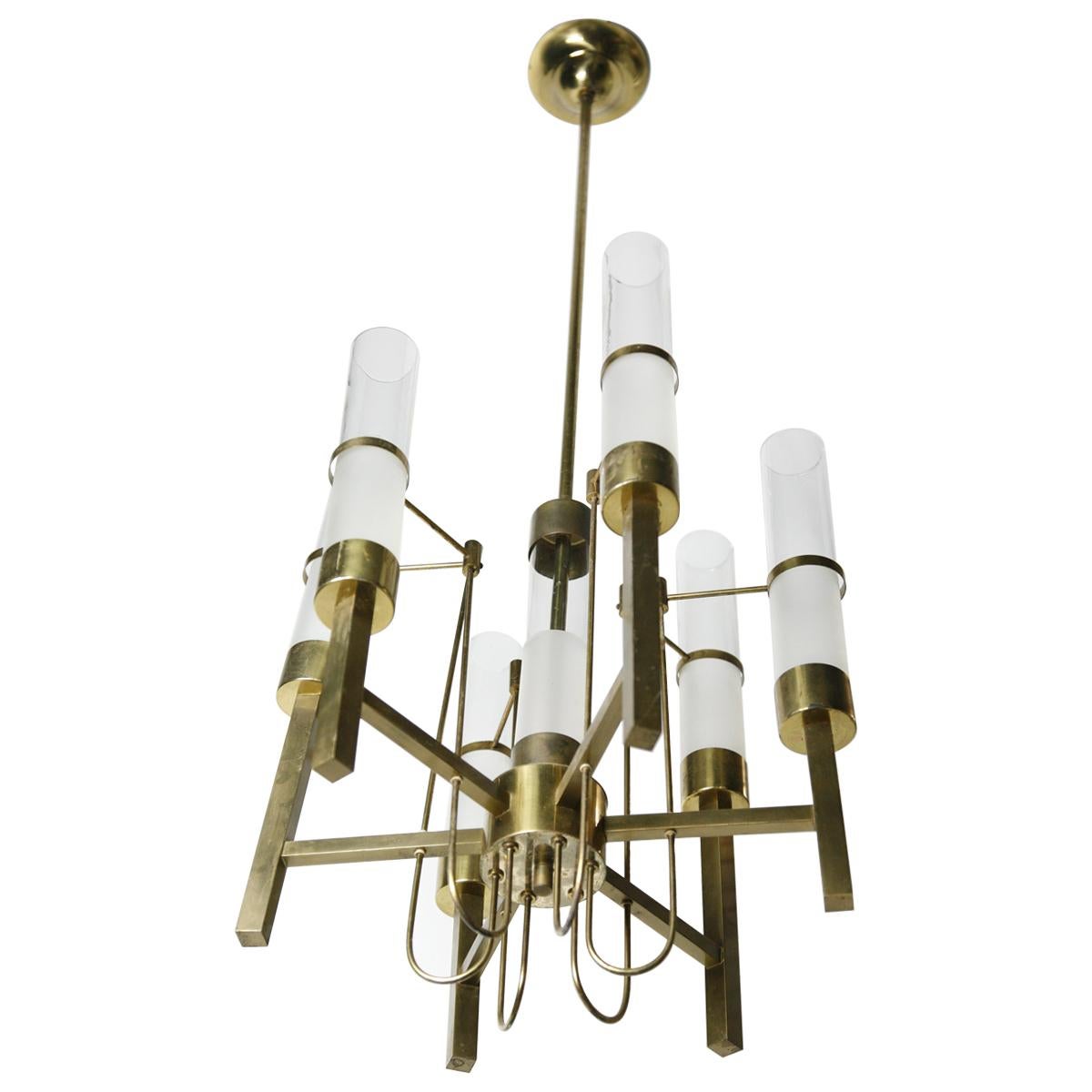 Sciolari Chandelier Brass with Long Frosted/Clear Glass, Stilnovo, Italy, 1960