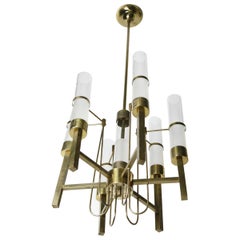 Vintage Sciolari Chandelier Brass with Long Frosted/Clear Glass, Stilnovo, Italy, 1960