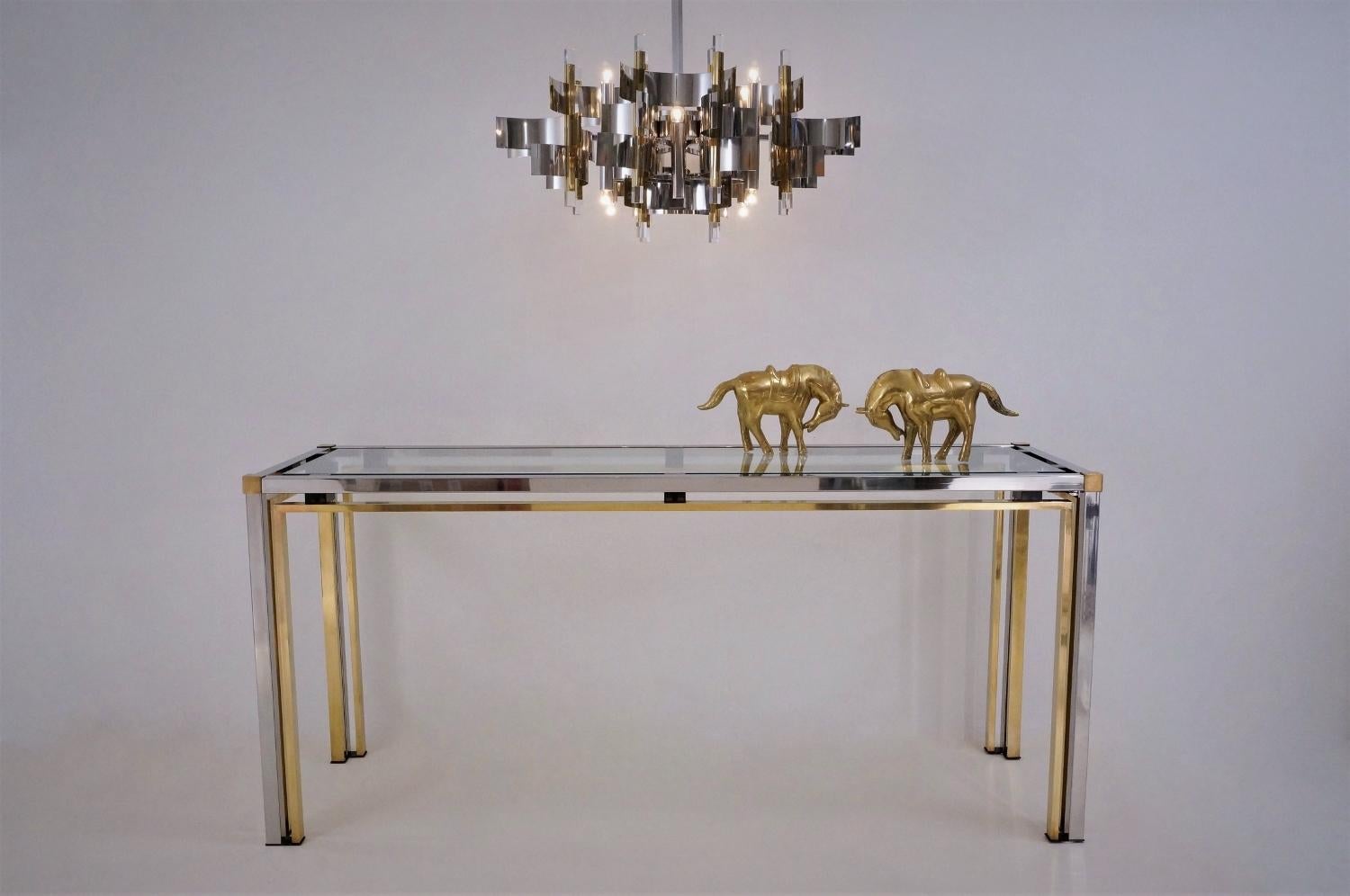 Brushed Sciolari Chandelier `Futura` 12-Lights, Brass, Chrome and Lucite, 1976 Italian For Sale
