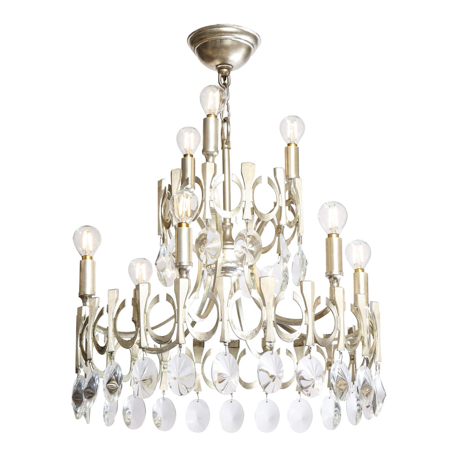 Elegant round chandelier in antiqued nickel with glass crystals at bottom by Sciolari, Italian 1950's. This was rarely done in antiqued nickel. A beautiful chandelier.
 
