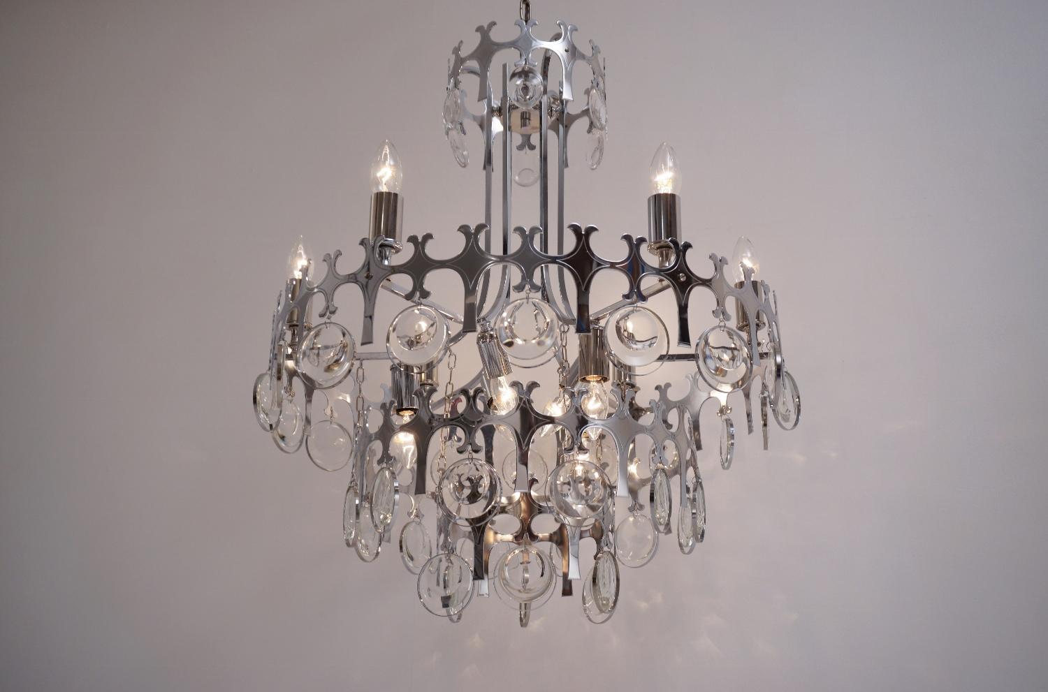 Crystal Sciolari chandelier `Ovali` 12 lights, chrome with crystals, circa 1970s  For Sale