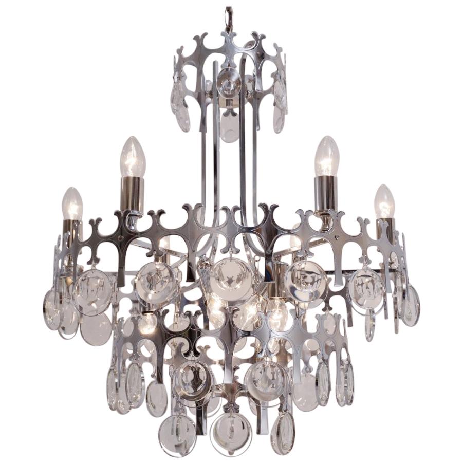 Sciolari chandelier `Ovali` 12 lights, chrome with crystals, circa 1970s  For Sale