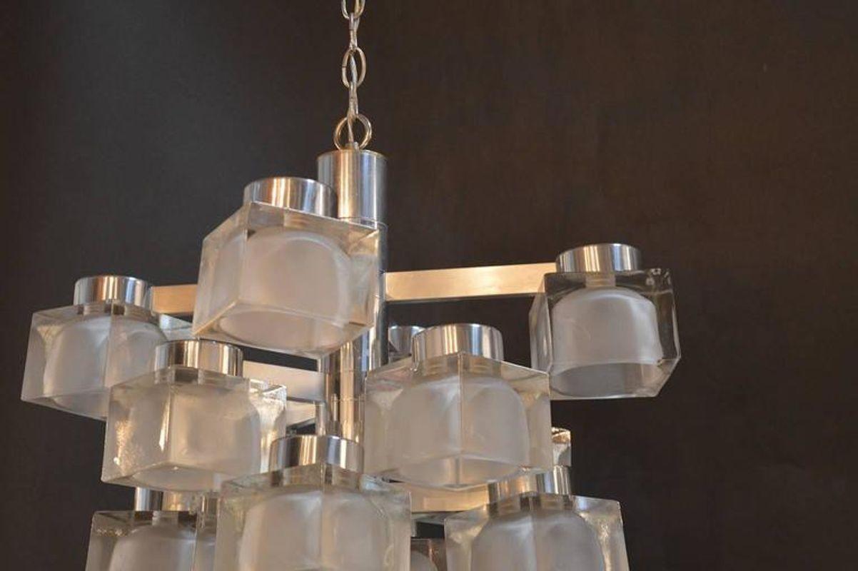 Frosted square glass chandelier by Gaetano Sciolari. Full height of the chandelier with the chain is 48