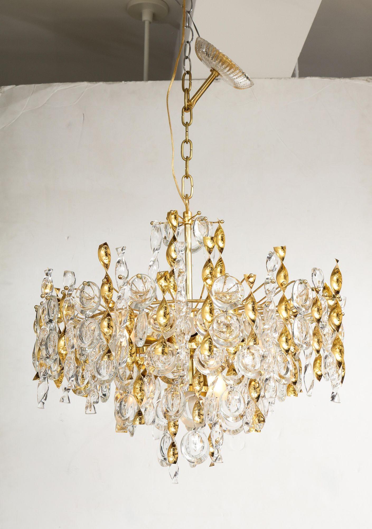 Sciolari Crystal Disc Pendant Chandelier with Glass and Brass Gold Twists For Sale 5