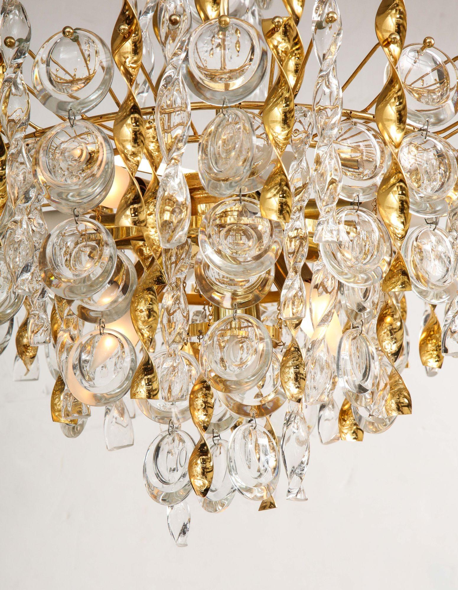 Sciolari Crystal Disc Pendant Chandelier with Glass and Brass Gold Twists For Sale 6