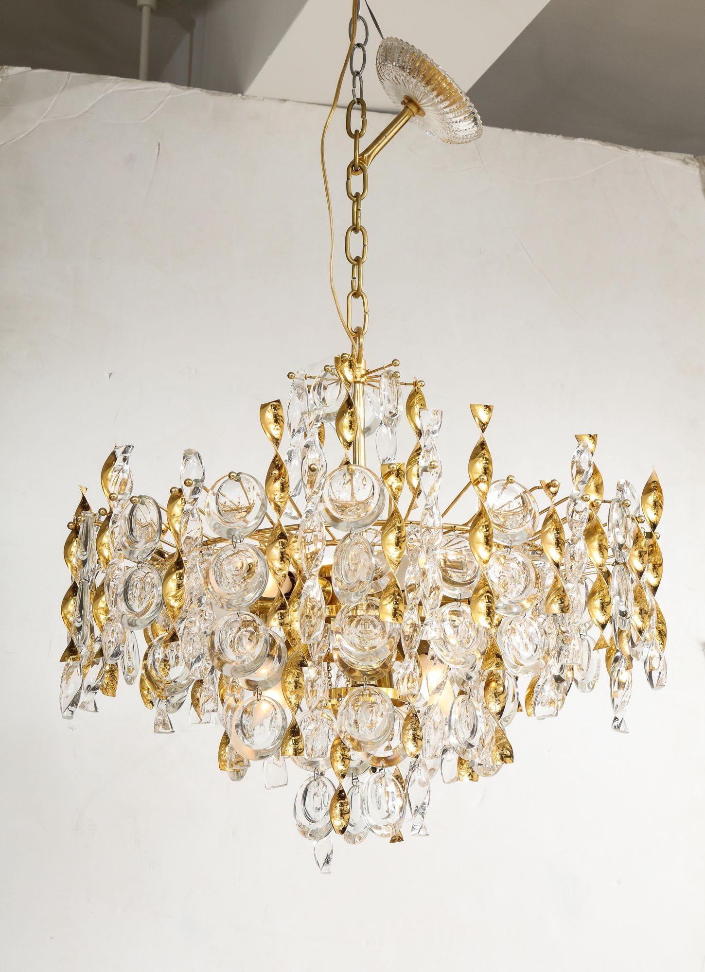 Mid-Century Modern Sciolari Crystal Disc Pendant Chandelier with Glass and Brass Gold Twists For Sale