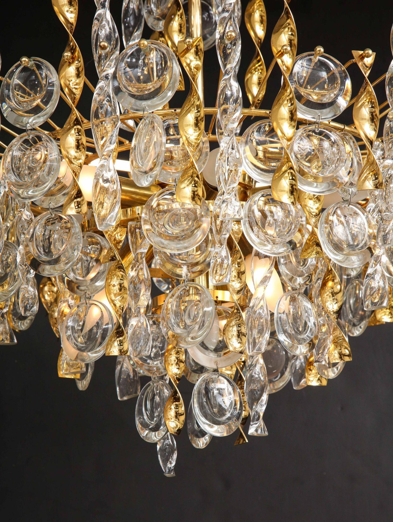 Sciolari Crystal Disc Pendant Chandelier with Glass and Brass Gold Twists In Good Condition For Sale In New York, NY