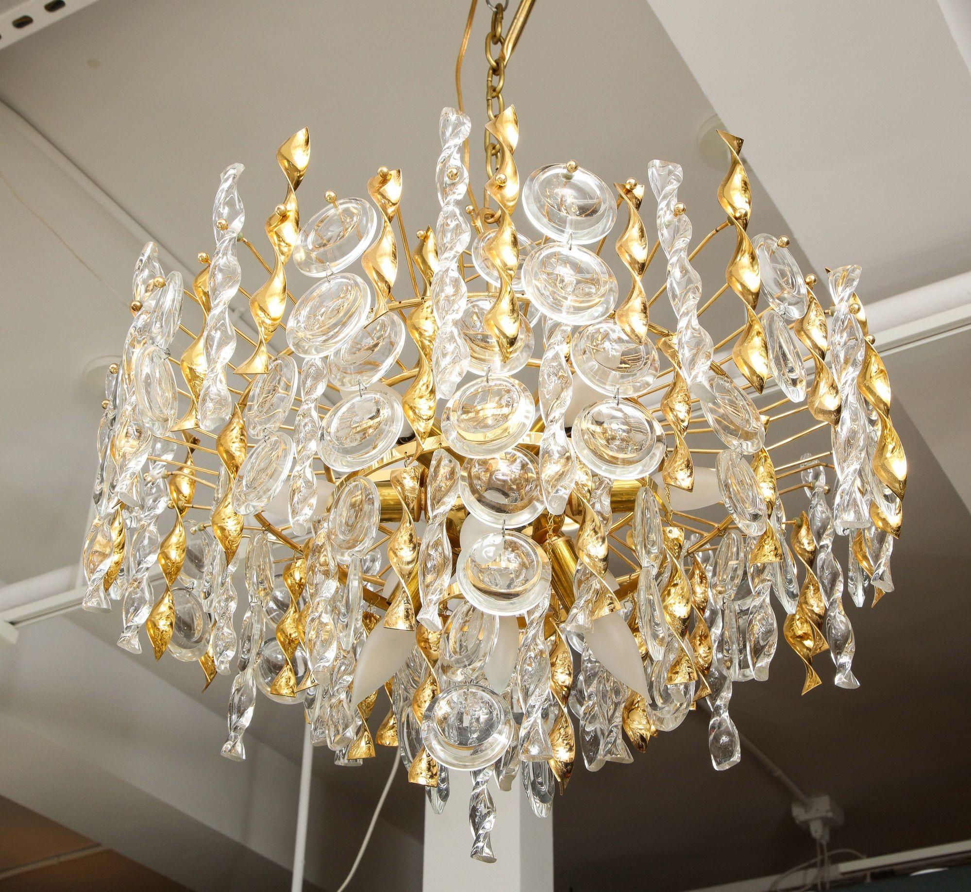 Sciolari Crystal Disc Pendant Chandelier with Glass and Brass Gold Twists For Sale 3