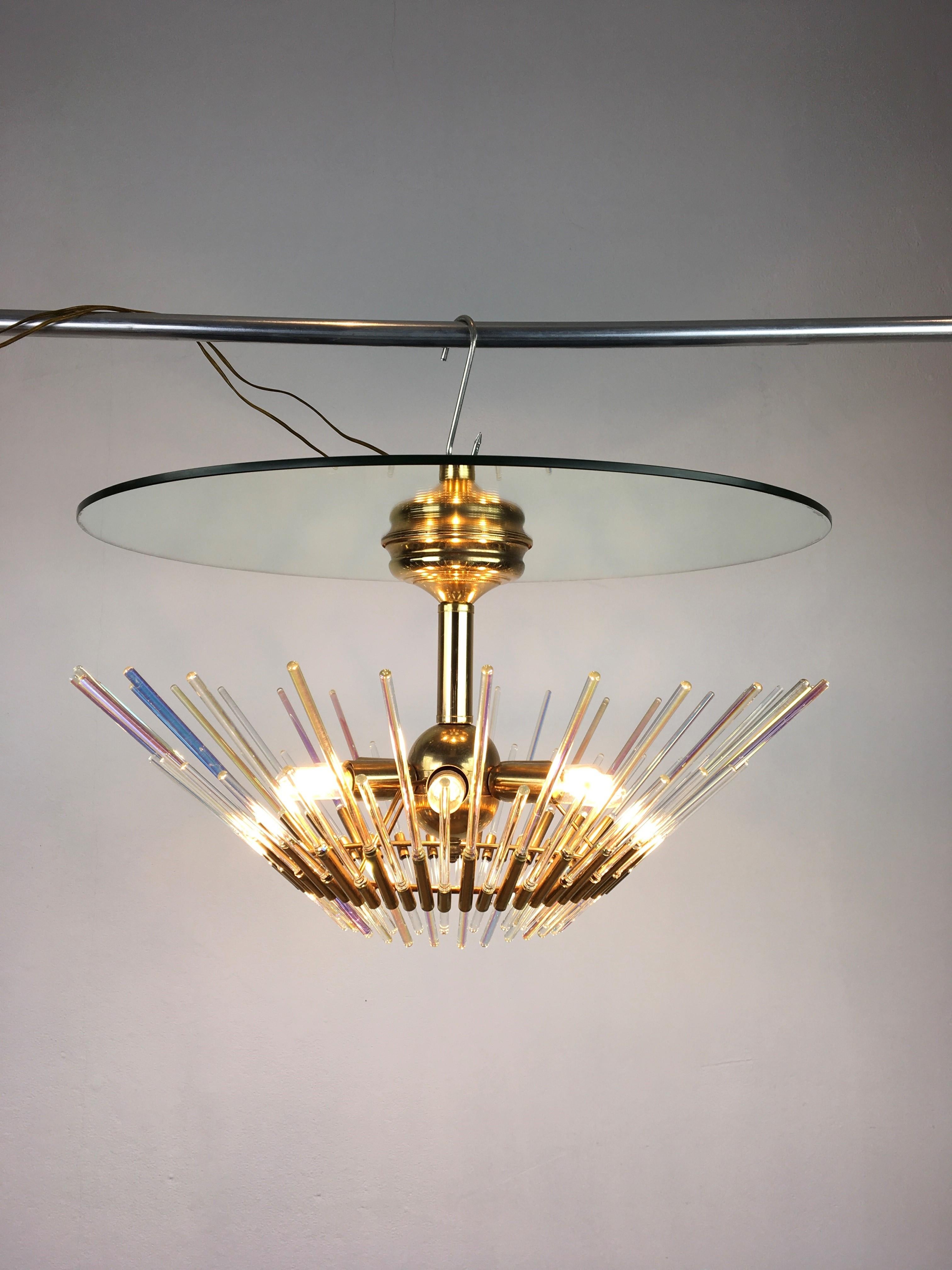 Mid-Century Modern Sciolari Crystal Glass Rods Flush Mount with Mirror Glass and Brass