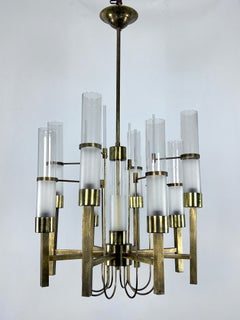 Sciolari, eight arms brass and glass tube chandelier. Italy 1960s