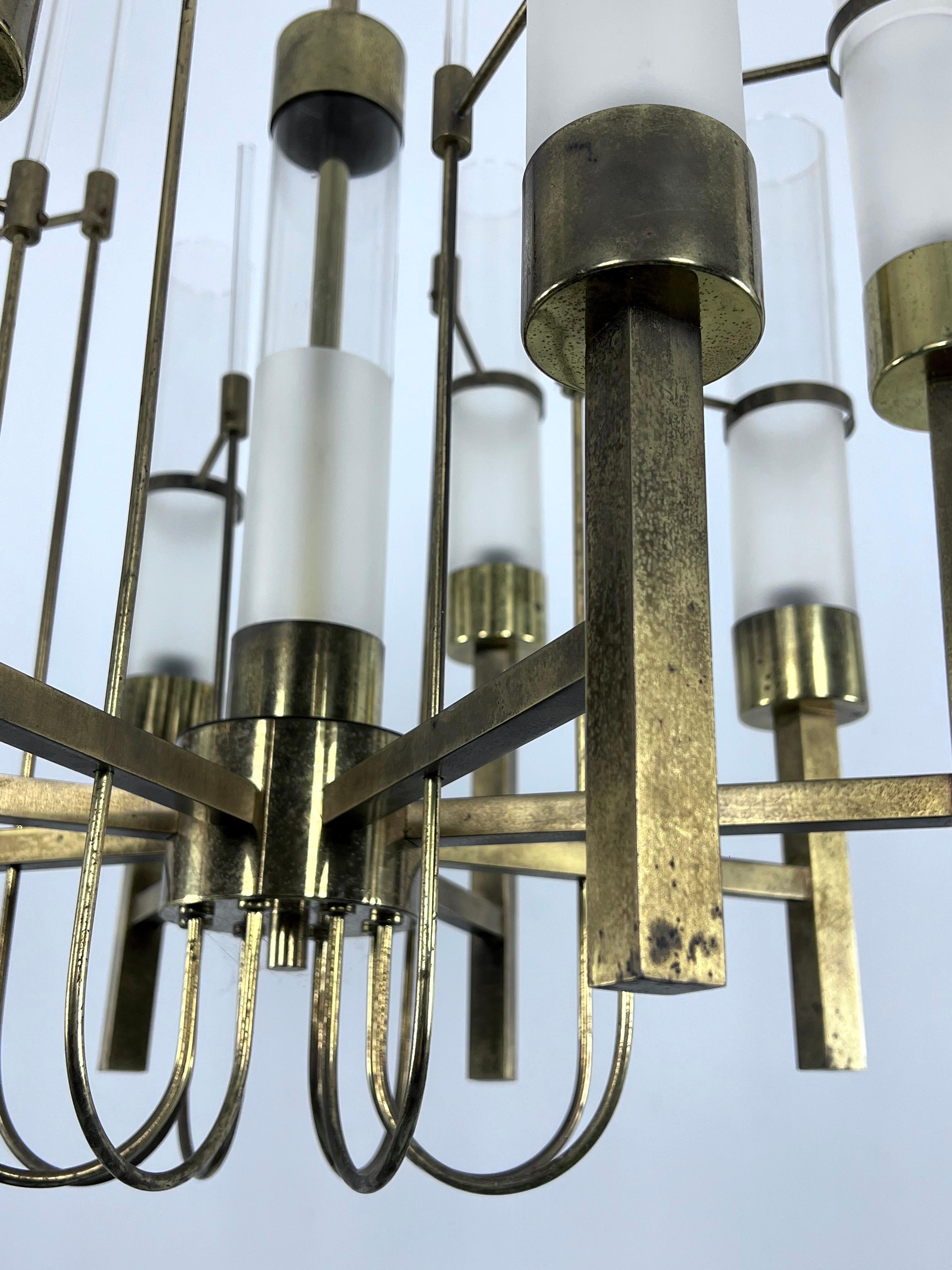 Mid-20th Century Sciolari, eight arms brass and glass tube chandelier. Italy 1960s For Sale