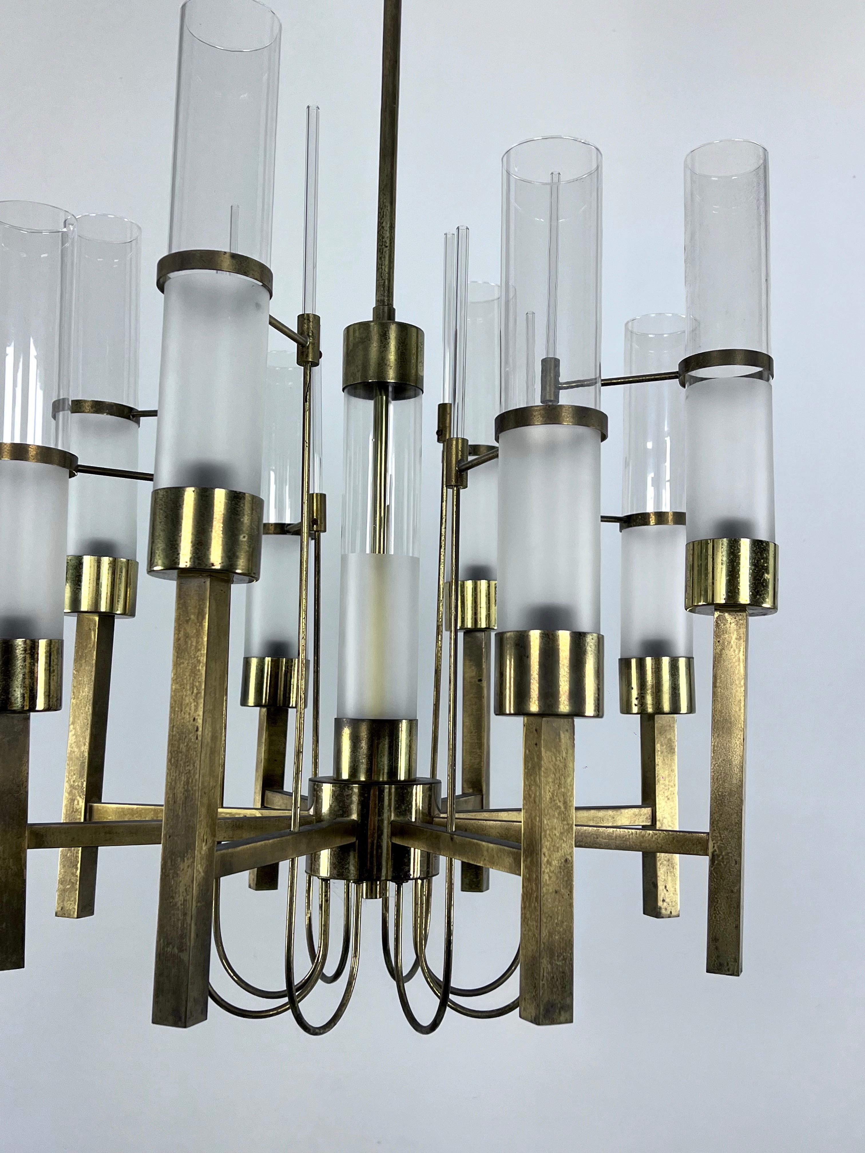 Brass Sciolari, eight arms brass and glass tube chandelier. Italy 1960s For Sale