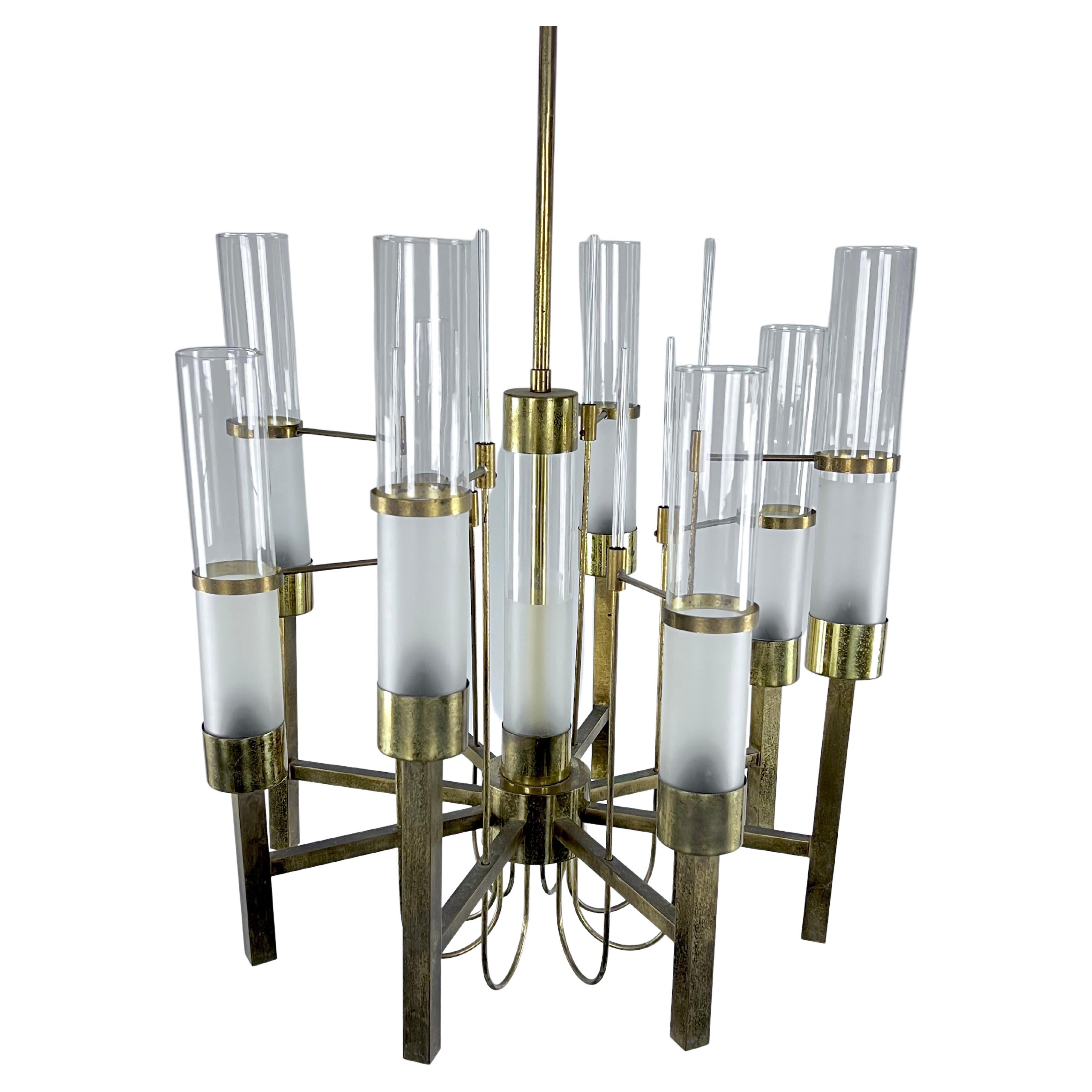 Sciolari, eight arms brass and glass tube chandelier. Italy 1960s For Sale