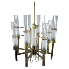Sciolari, eight arms brass and glass tube chandelier. Italy 1960s