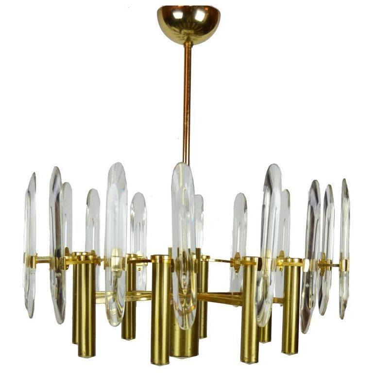 Gaetano Sciolari Gold Plated & Glass Eight-Light Chandelier Italy 1970 For Sale