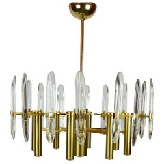 Vintage Gaetano Sciolari Gold Plated & Glass Eight-Light Chandelier Italy 1970