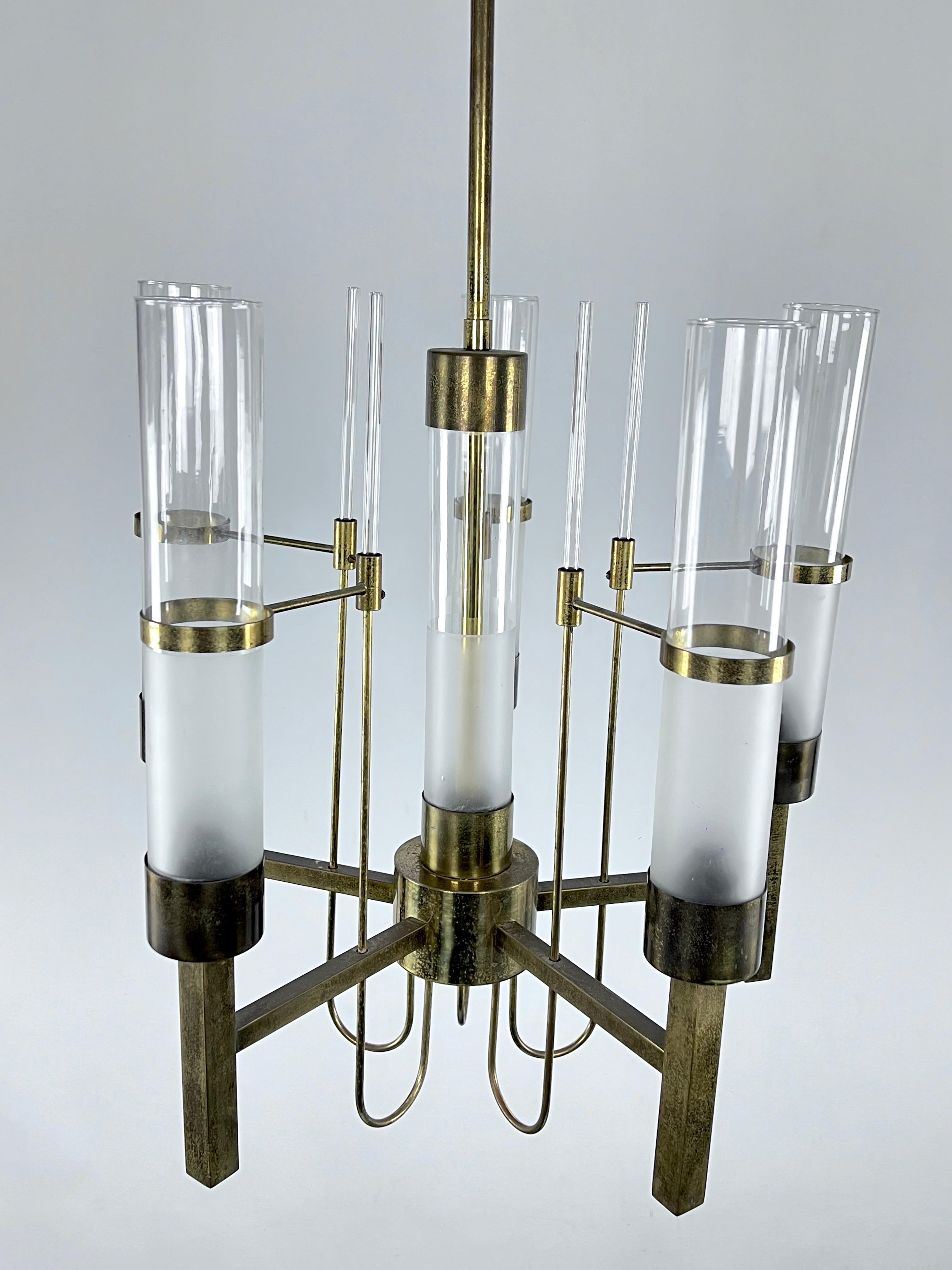 Sciolari, five arms brass and glass tube chandelier. Italy 1960s For Sale 3