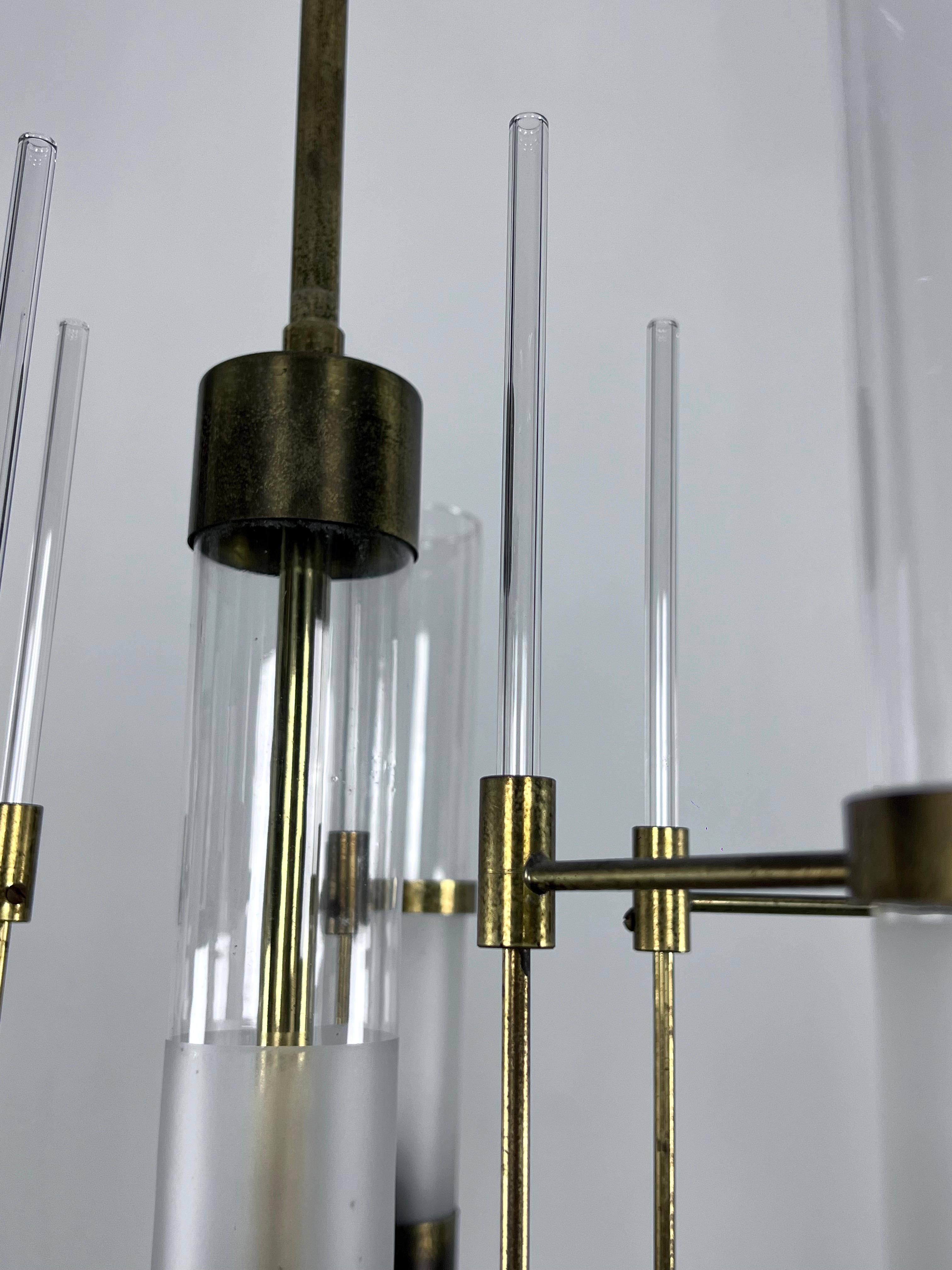 Sciolari, five arms brass and glass tube chandelier. Italy 1960s For Sale 4