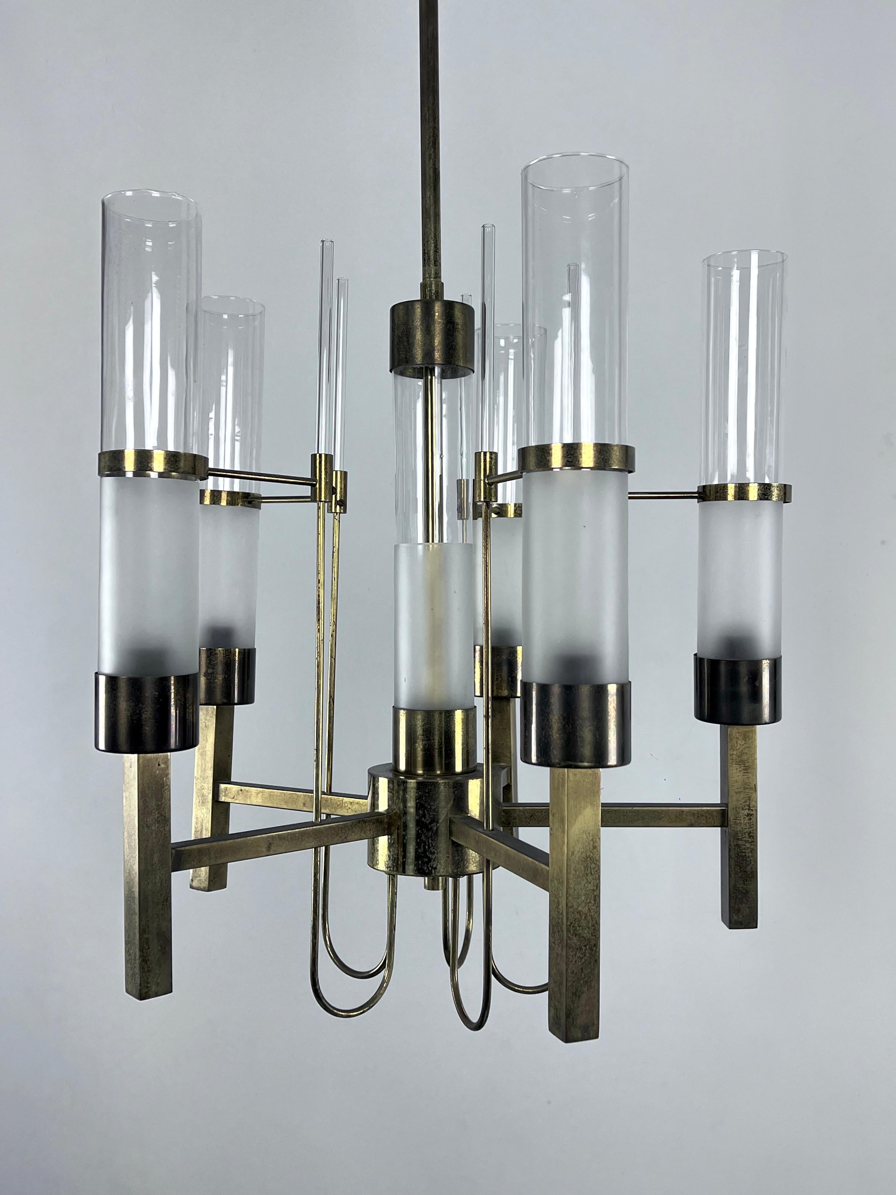 Sciolari, five arms brass and glass tube chandelier. Italy 1960s For Sale 5