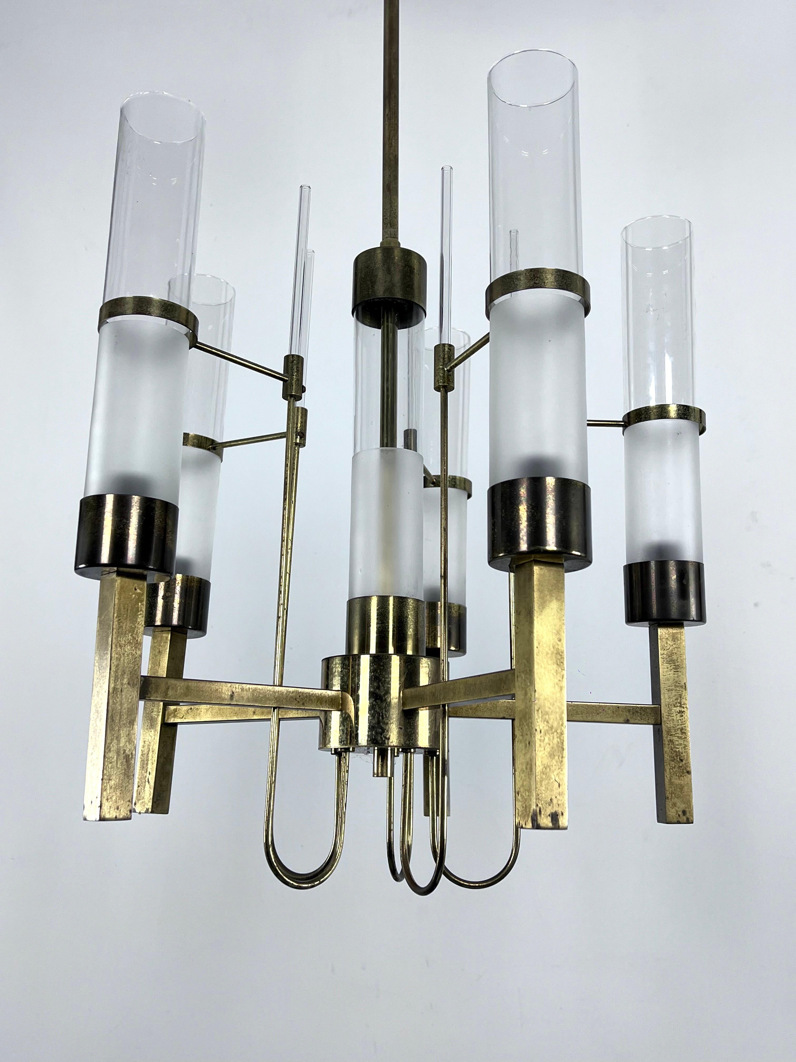 Sciolari, five arms brass and glass tube chandelier. Italy 1960s For Sale 6