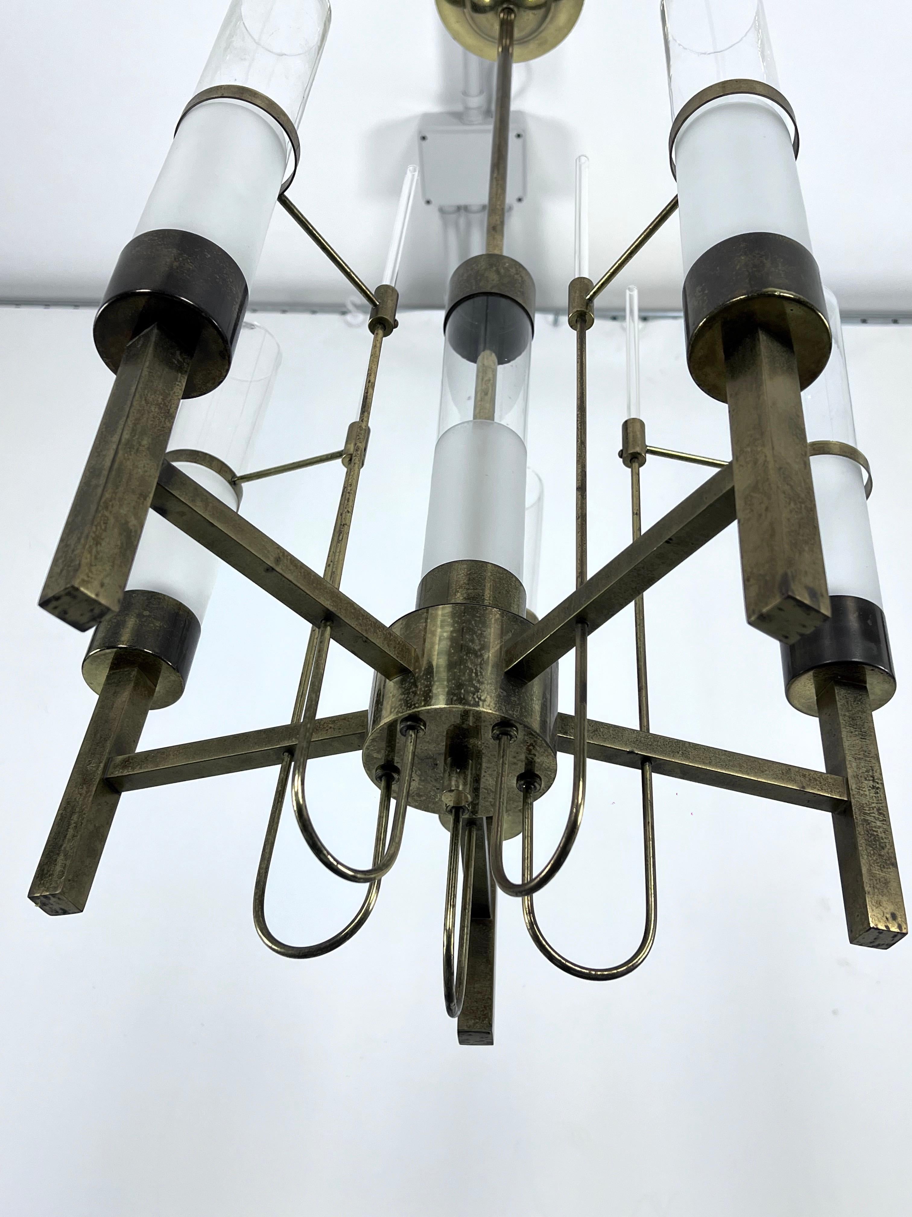 20th Century Sciolari, five arms brass and glass tube chandelier. Italy 1960s For Sale