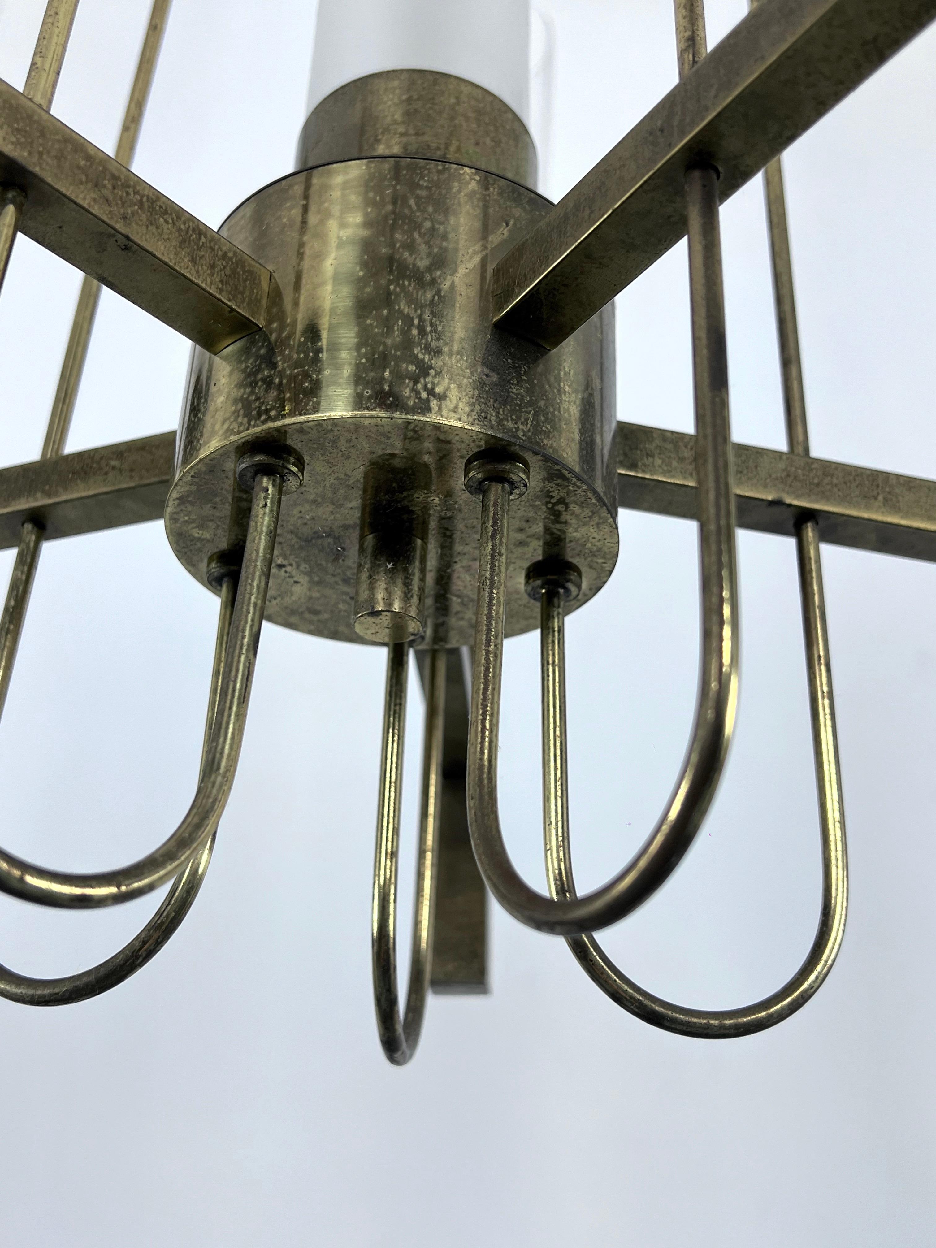 Brass Sciolari, five arms brass and glass tube chandelier. Italy 1960s For Sale