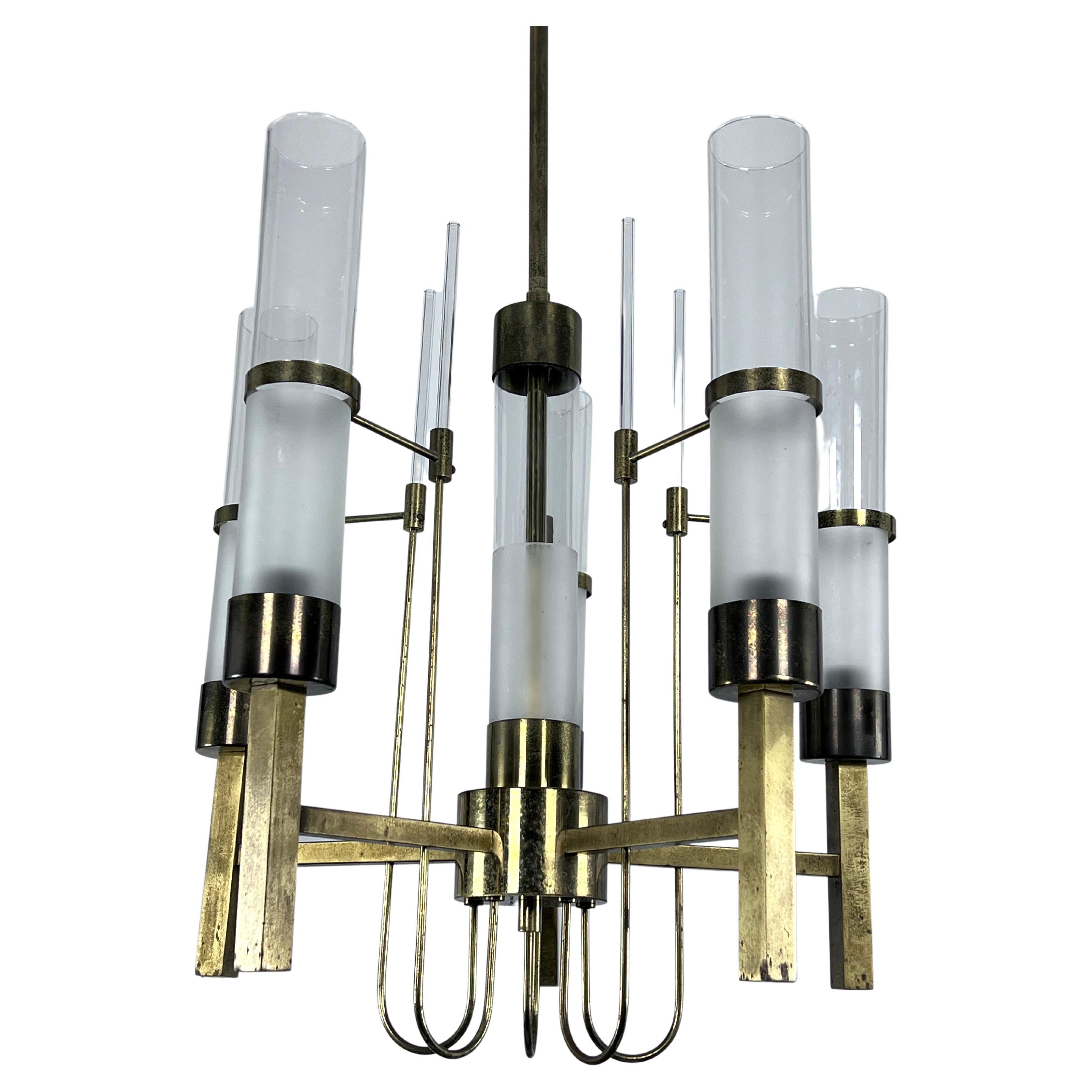 Sciolari, five arms brass and glass tube chandelier. Italy 1960s For Sale