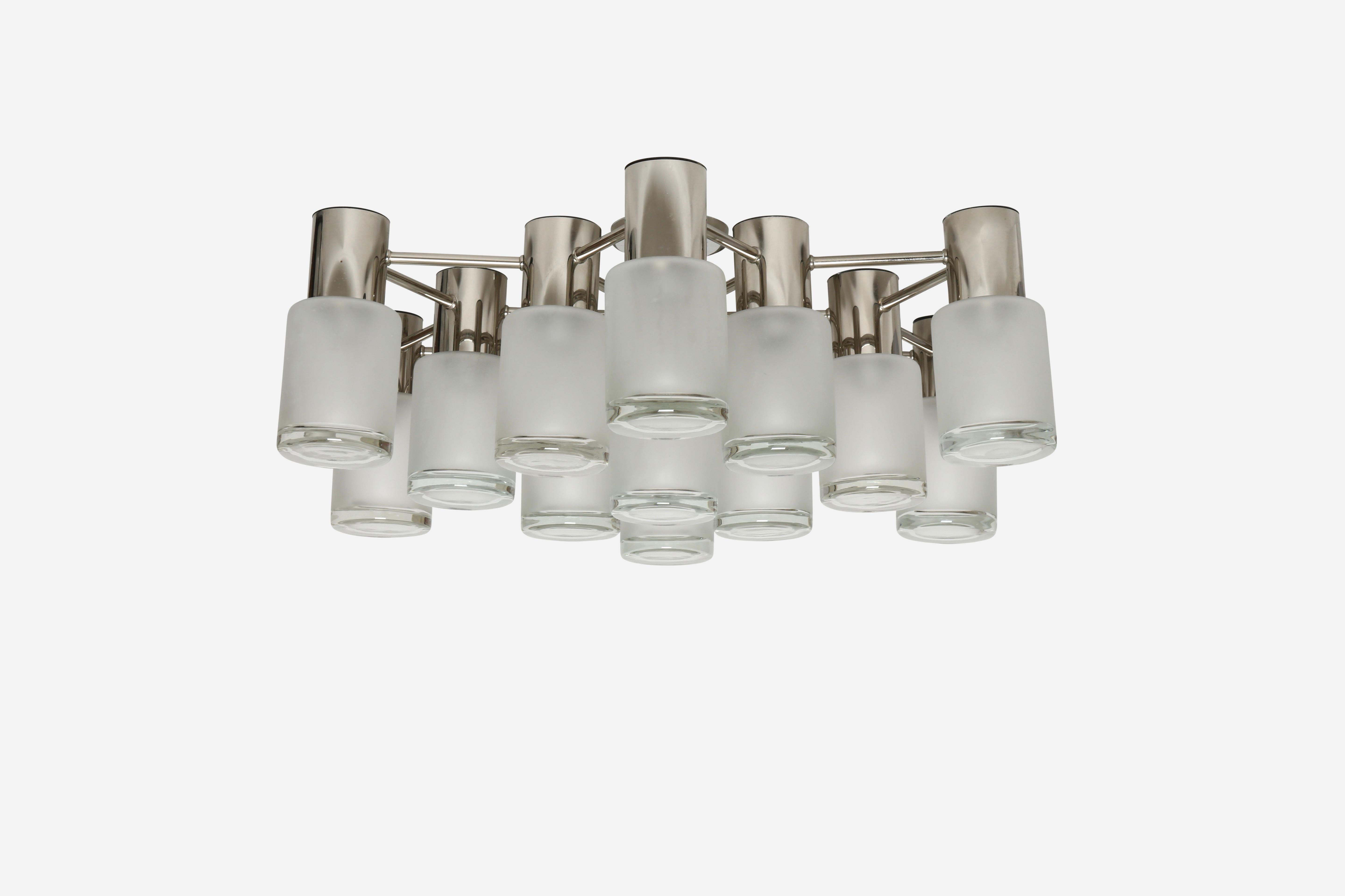 Sciolari flush mount by Leola in chrome and glass, attributed.
13 candelabra sockets.
 