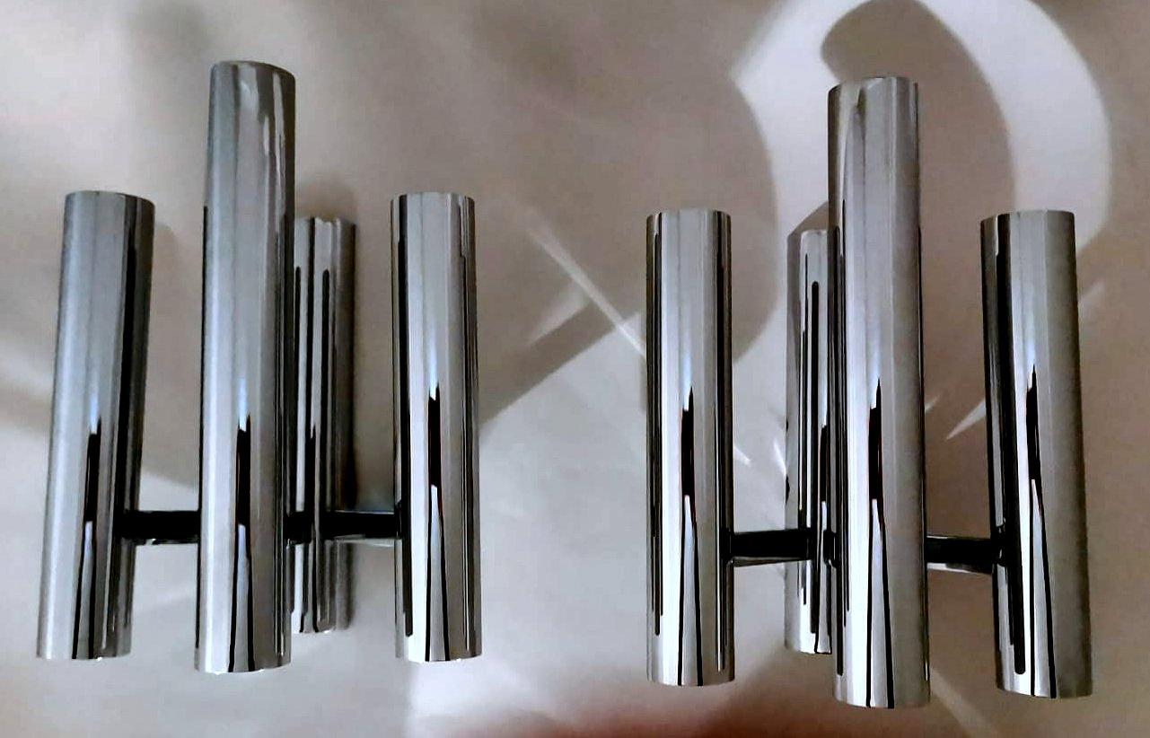 20th Century Sciolari Gaetano Style Space Age Pair Of Italian Sconces In Chrome-Plated Brass For Sale