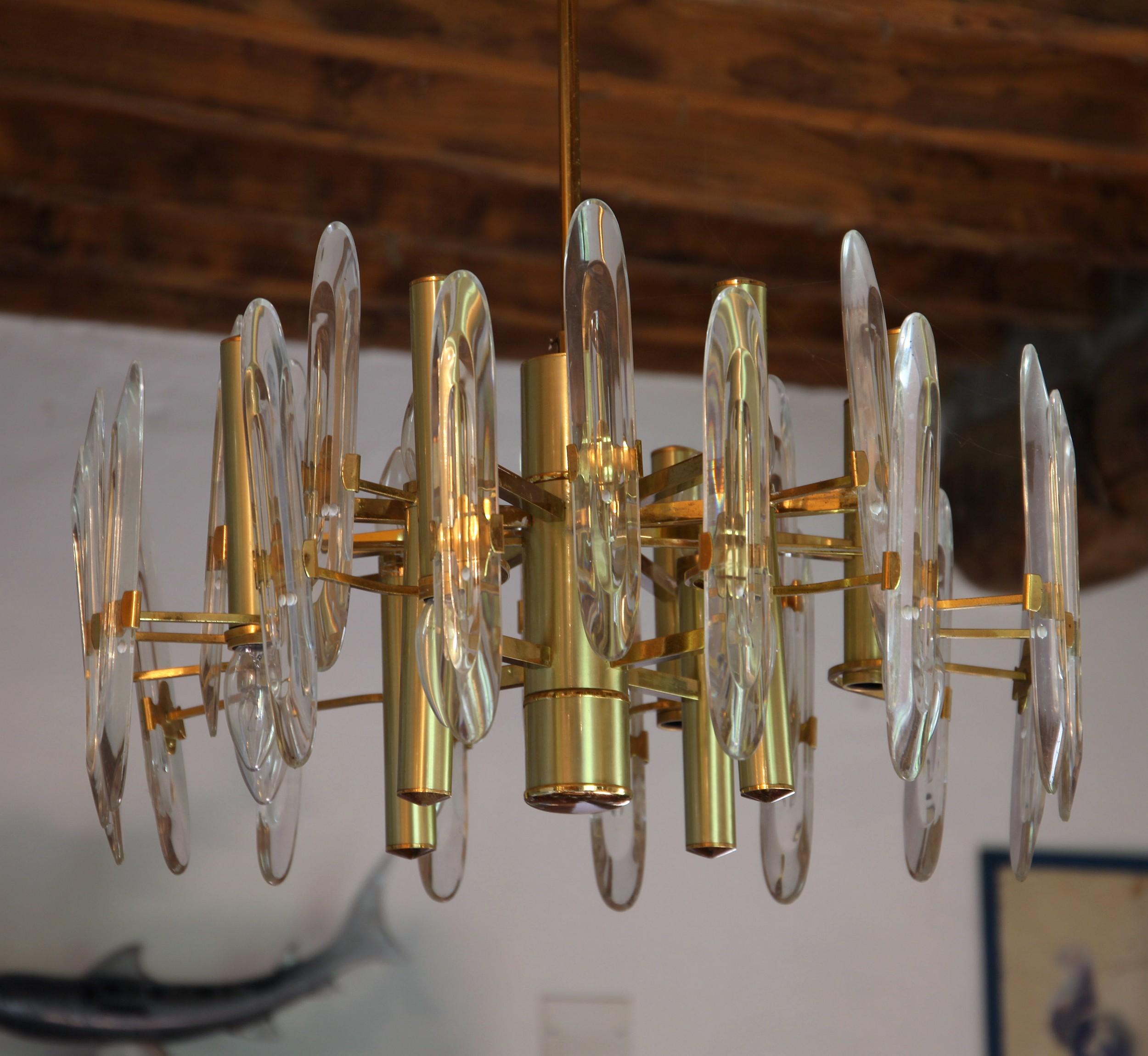 Gold Plate Sciolari Gold Brass Led Crystal Mid-Century Chandelier 12 Lights Stilkronen, 70s For Sale