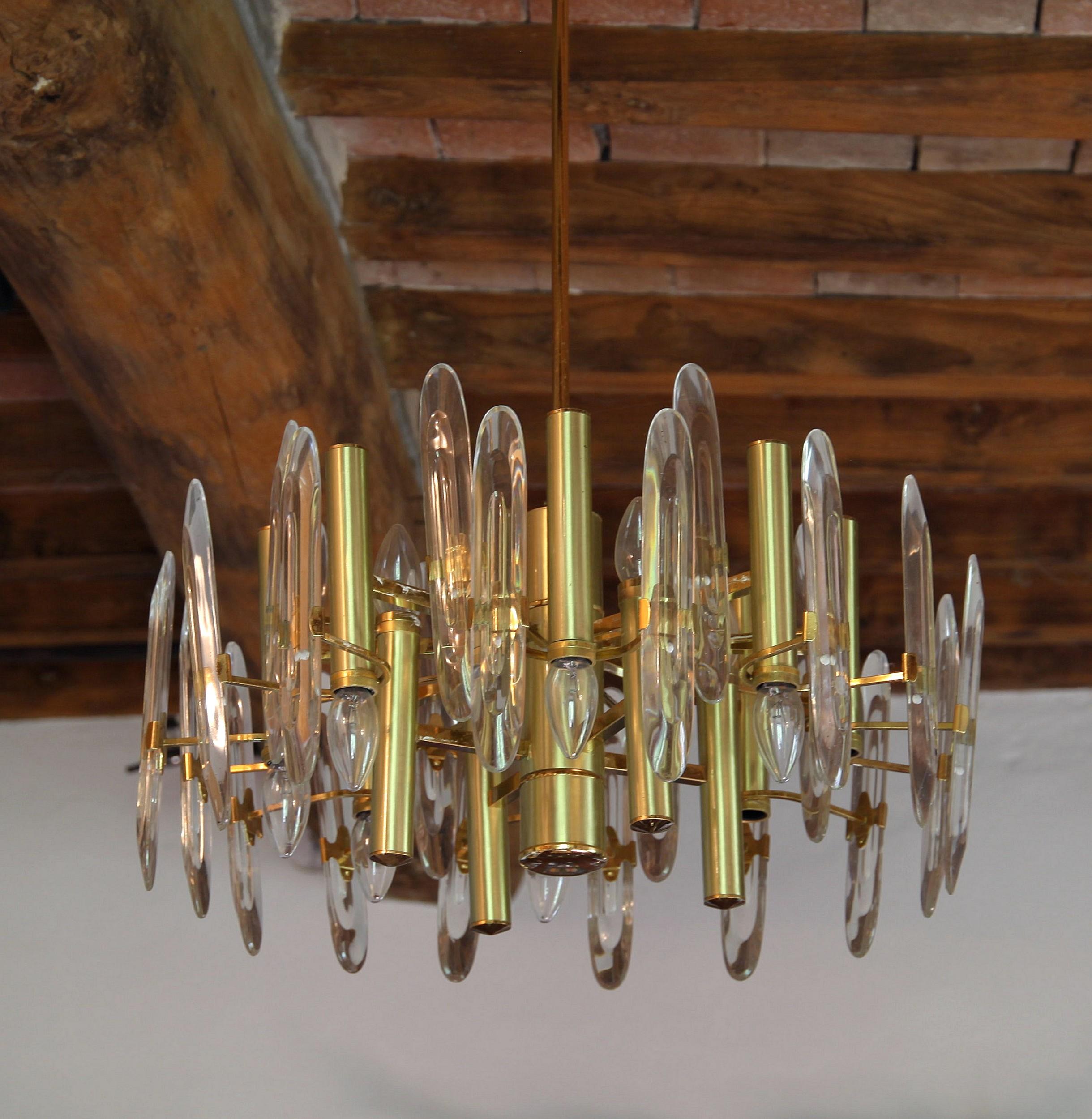 Sciolari Gold Brass Led Crystal Mid-Century Chandelier 12 Lights Stilkronen, 70s For Sale 3