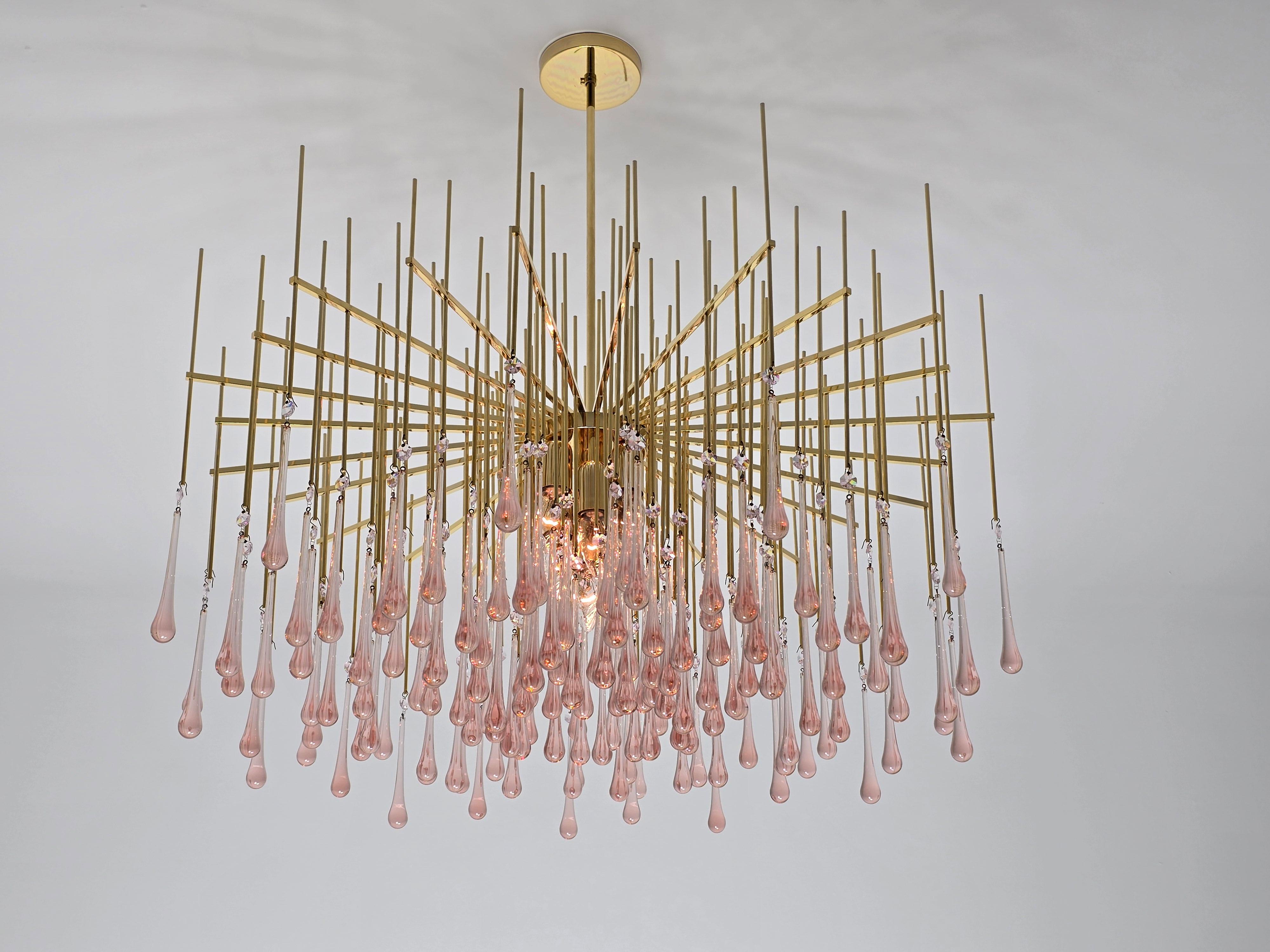 Sciolari Gold Plated Brass Chandelier  with 144 mouthblowed glass  pink teardrop . 

Made with prime quality material and hardware . Solid construction . 

Contain 8   E14 candelabra size socket . 

Come with 8 E14  candelabra 40 watt lightbulbs  /