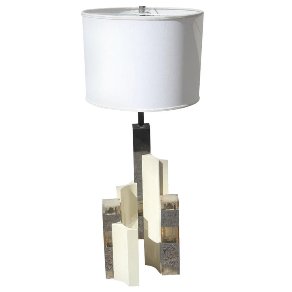 Sciolari Great Sculptural Cubic Table Lamp Silver White Minimal Razionalist 1970 For Sale