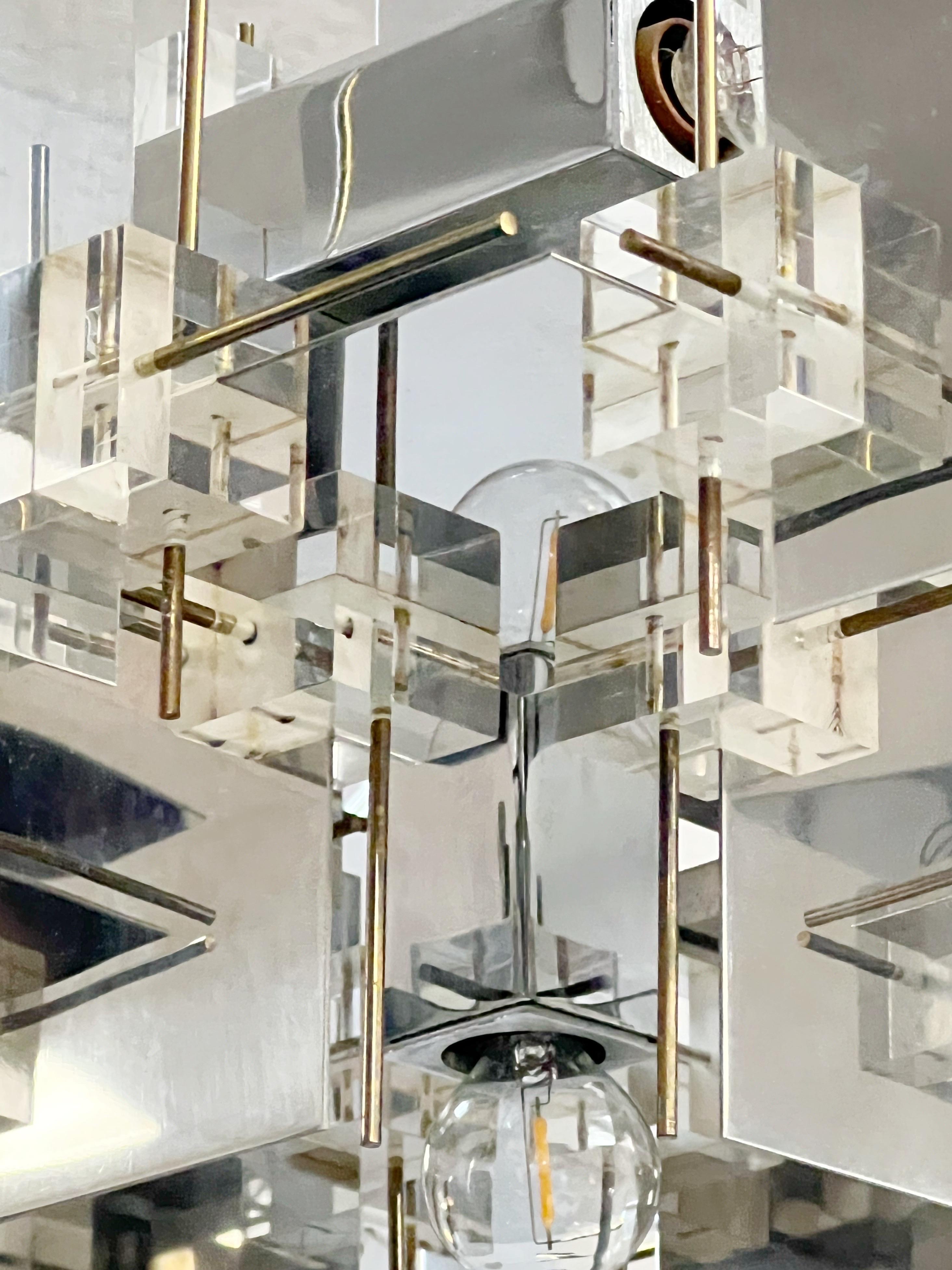 Sciolari Iconic Cubist Polished Stainless Steel Brass and Lucite Chandelier 5