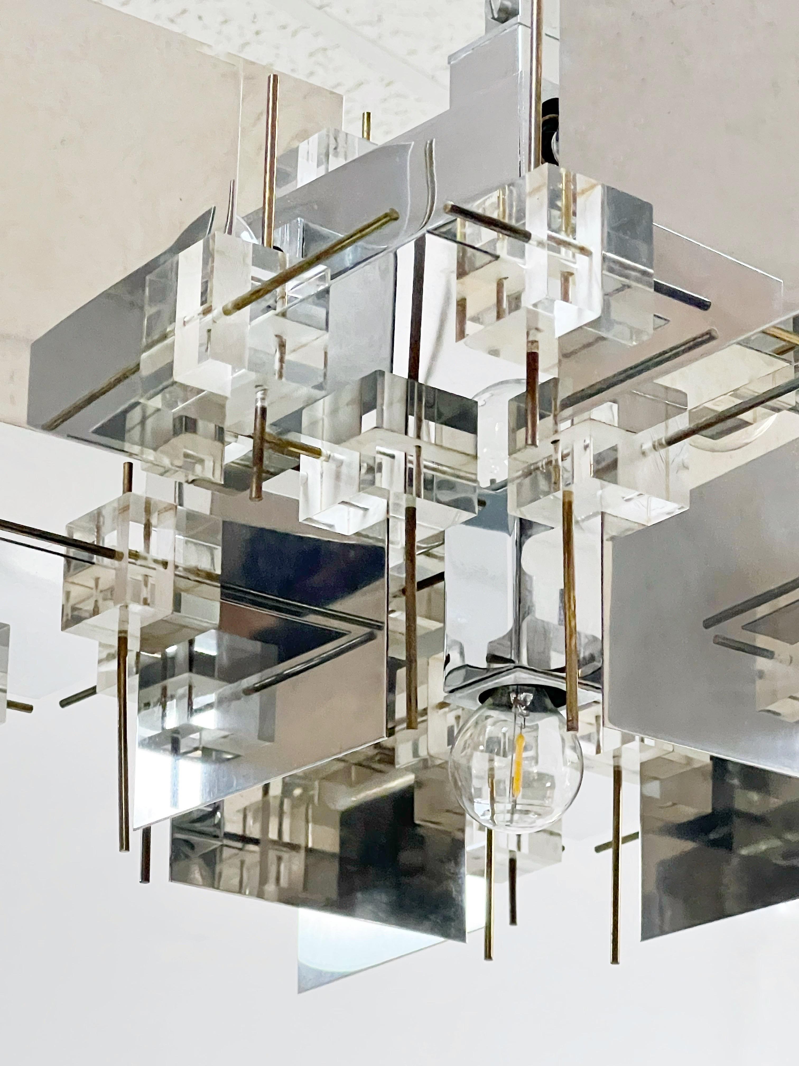 Late 20th Century Sciolari Iconic Cubist Polished Stainless Steel Brass and Lucite Chandelier