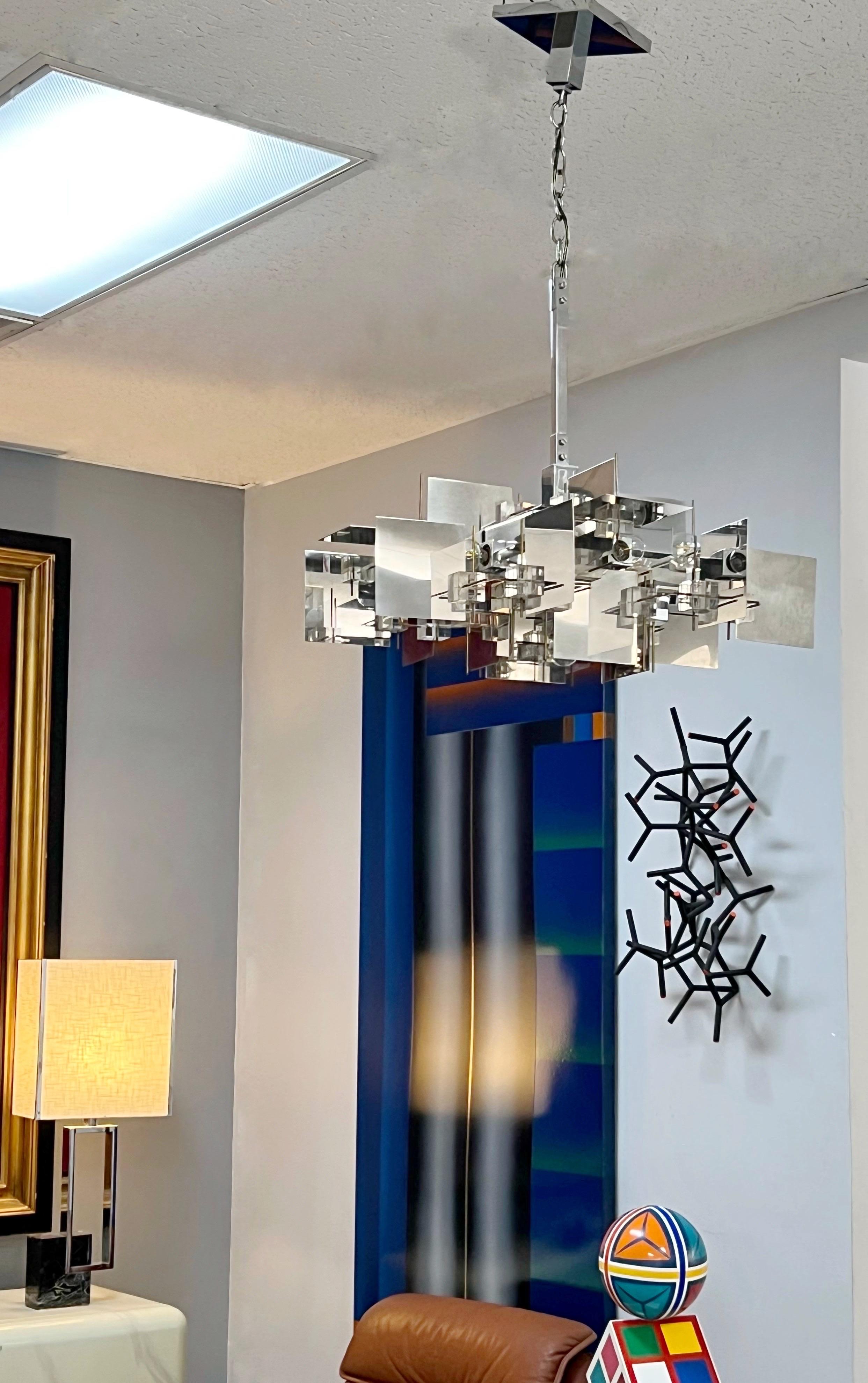 Sciolari Iconic Cubist Polished Stainless Steel Brass and Lucite Chandelier 4